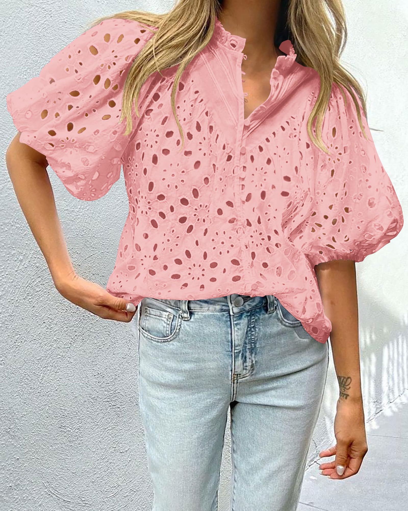 Womens Tops Boho Eyelet Puff Sleeve Blouse, Pink,S