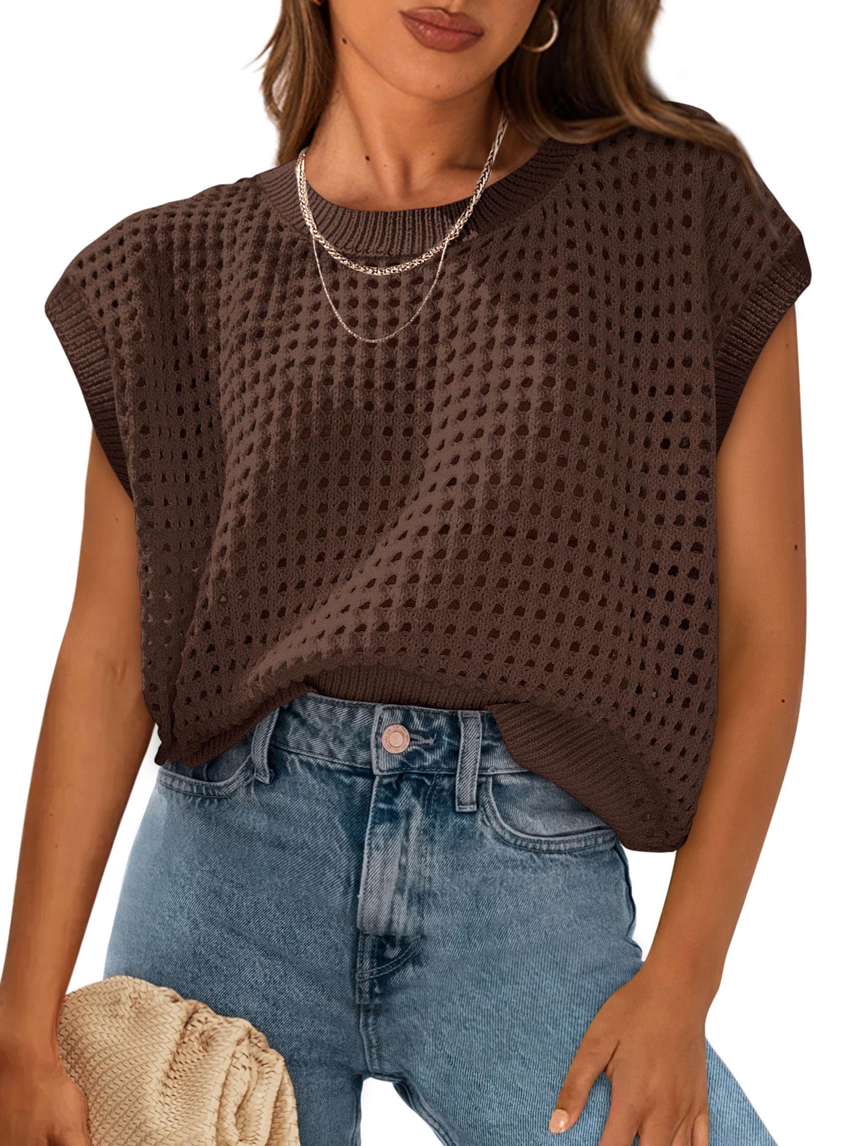 Women's Summer Crochet Cap Sleeve Sweater Tops,Coffee,S