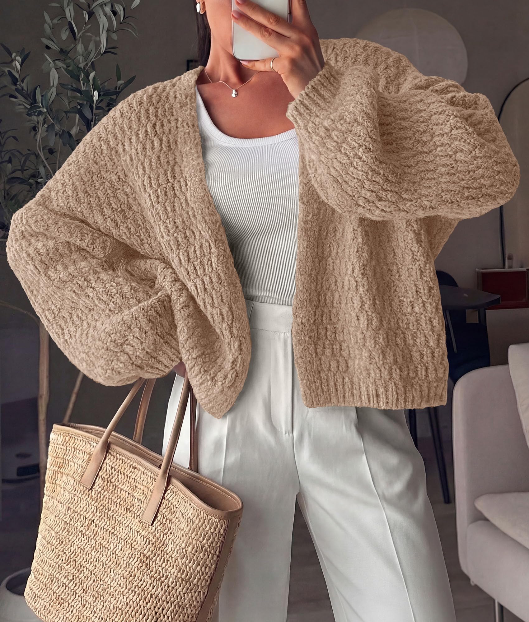 Women's Fall Cardigan Open Front Chunky Sweaters Khaki S
