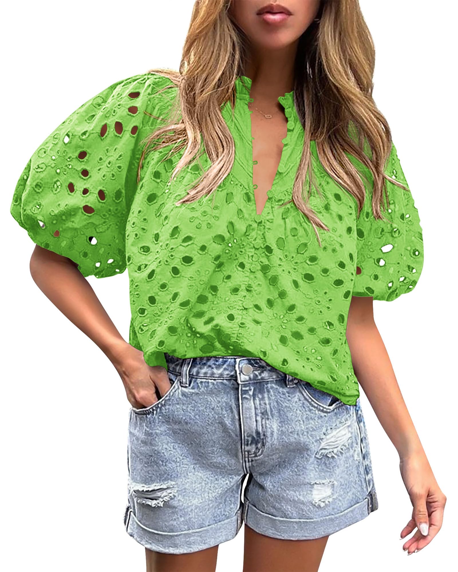 Womens Tops Boho Eyelet Puff Sleeve Blouse, Grass Green,S