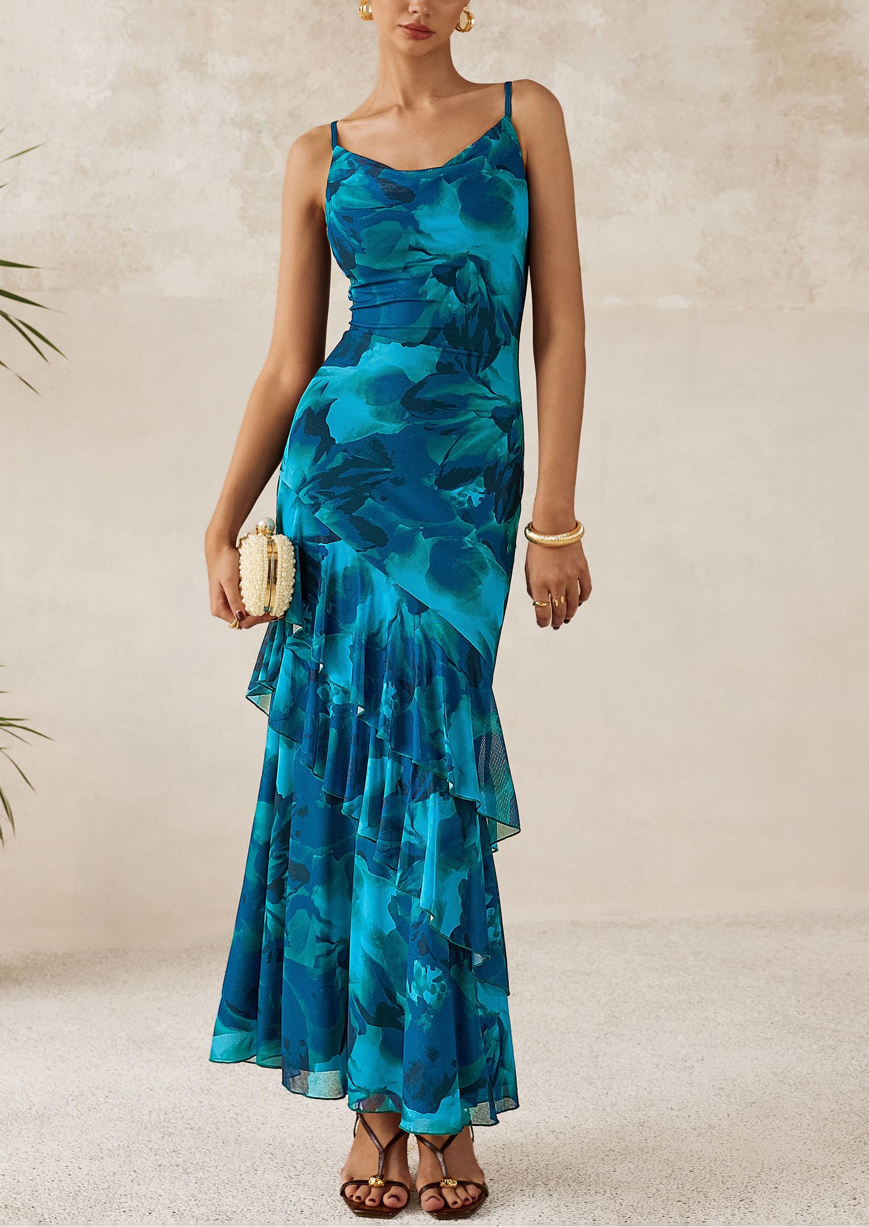 Women's Boho Floral Tiered Maxi Dress, Print Blue Green,XS