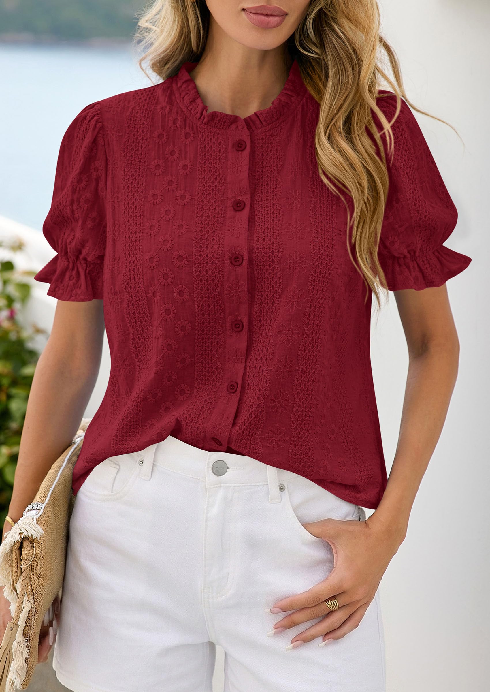 Womens Embroidered Puff Short Sleeve Tops,Wine Red,S
