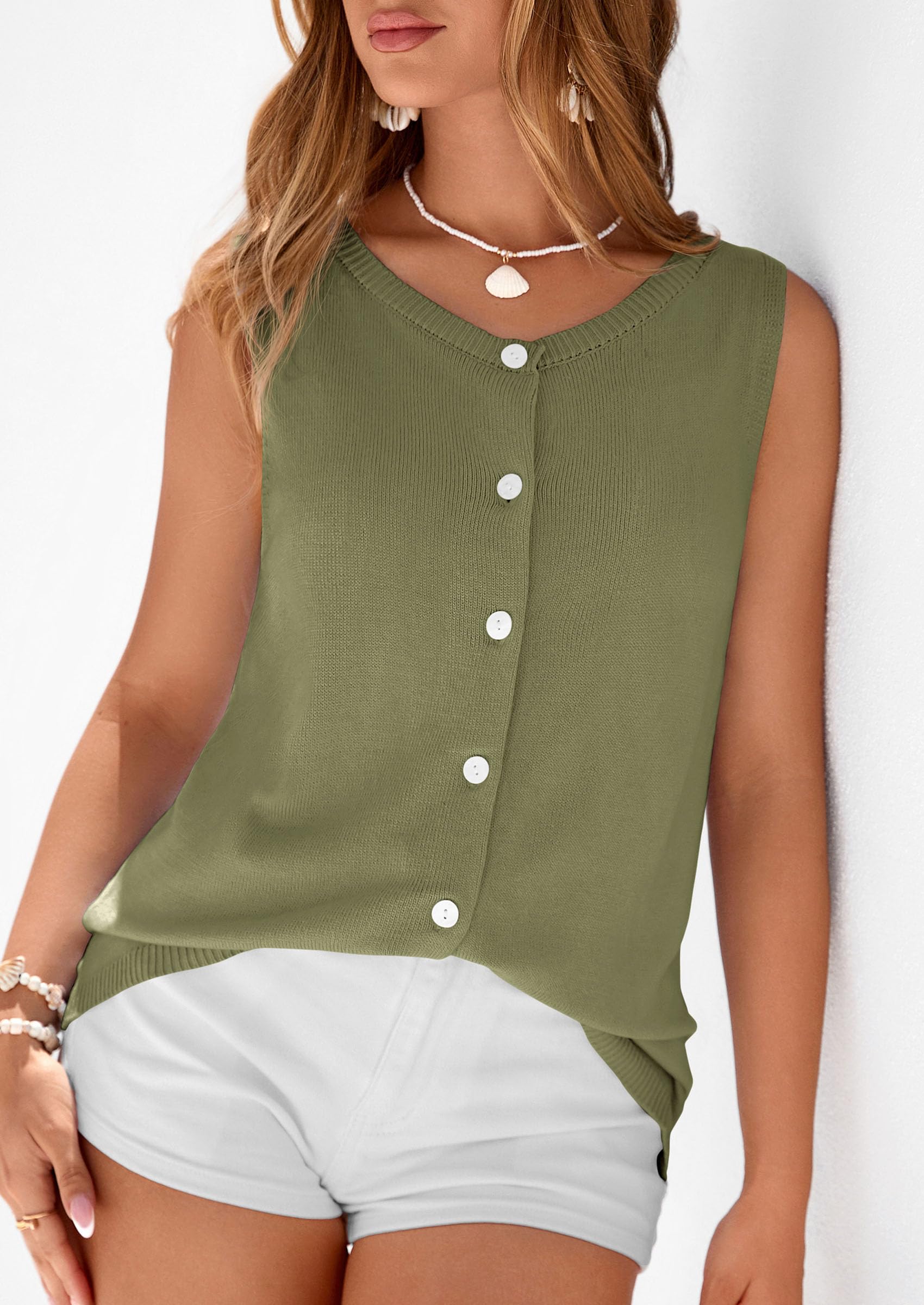 Women's Summer Button Up Sweater Vest Tops,Army Green,S