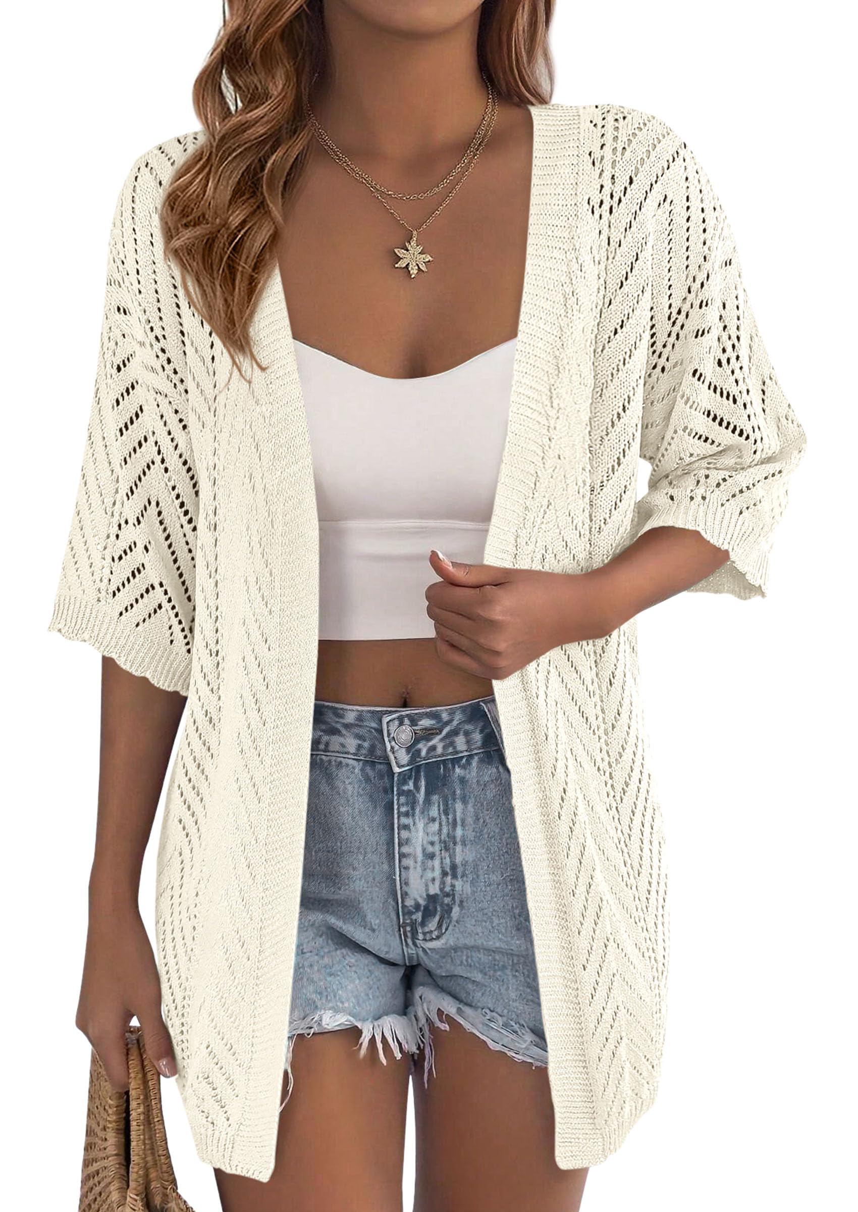 Women Lightweight Summer Short Sleeve Cardigan, Off White,M