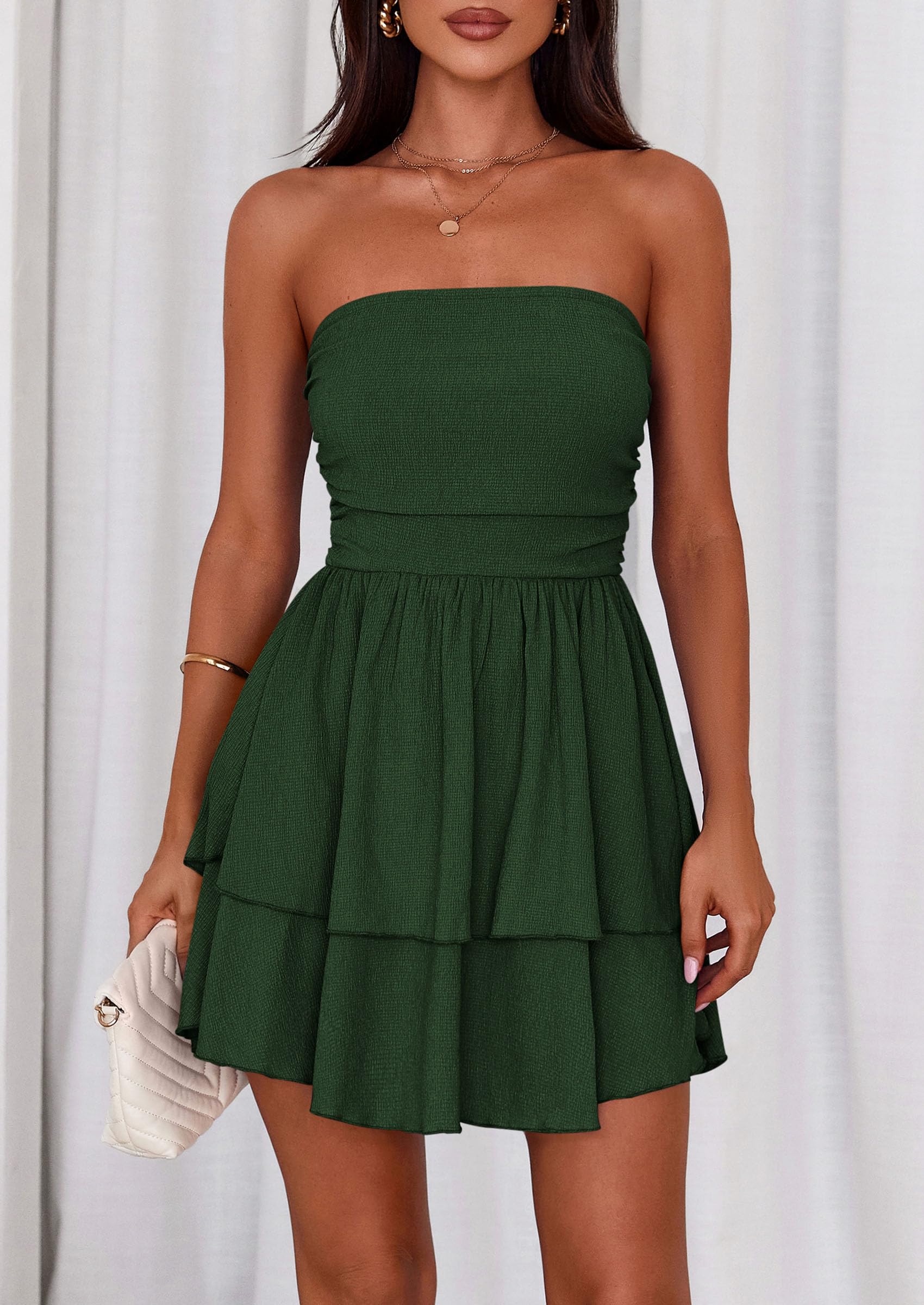 Women's Summer Strapless Flowy Mini Dresses (Dark Green,S)