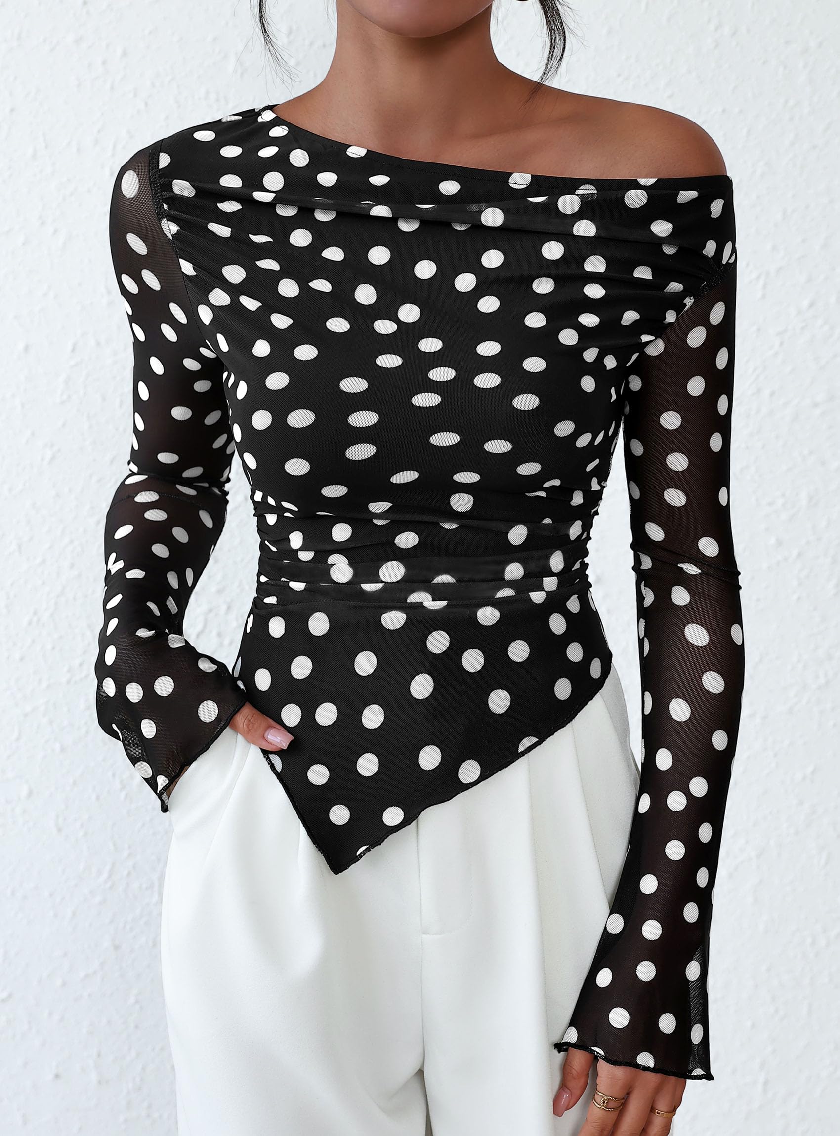 Womens Off Shoulder Mesh Y2k Tops,Small Dot Black,XS