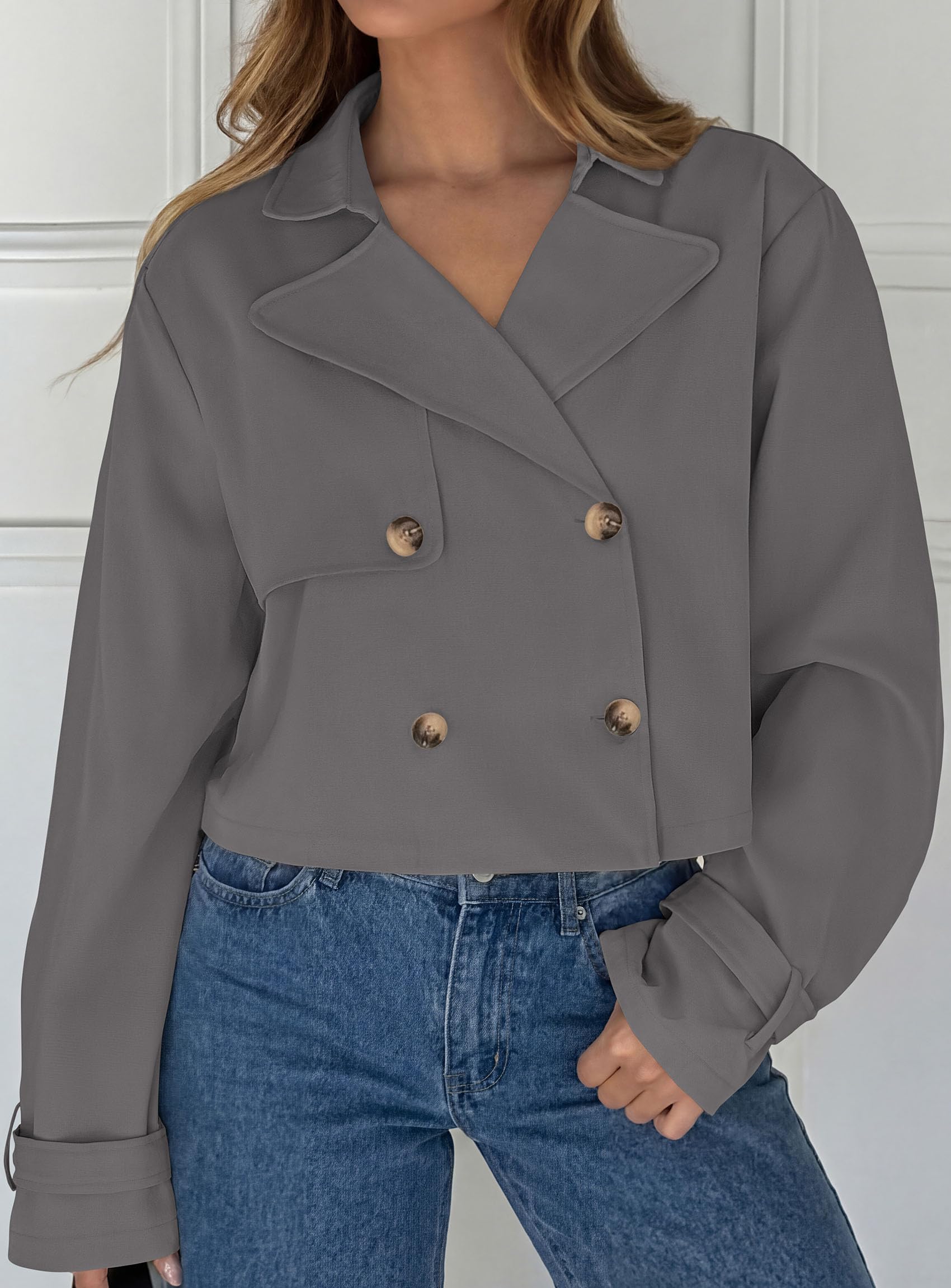 Cropped Trench Coat For Women Short Jacket,Grey,S