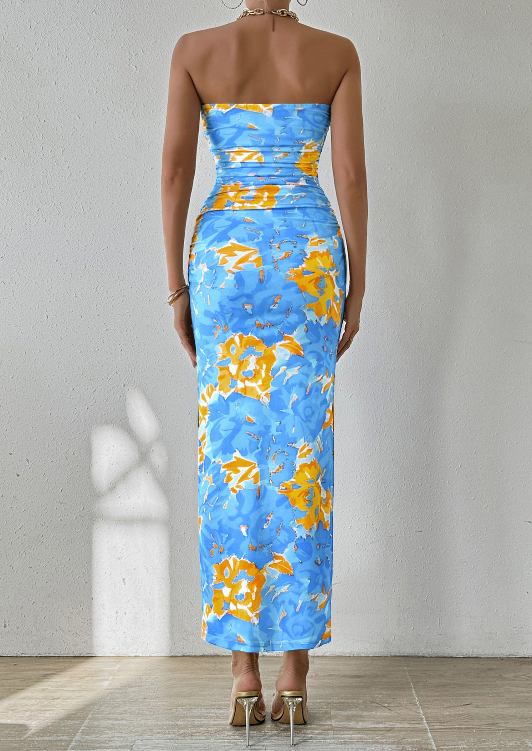 Womens Strapless Bodycon Maxi Dress, Light Blue Floral,S