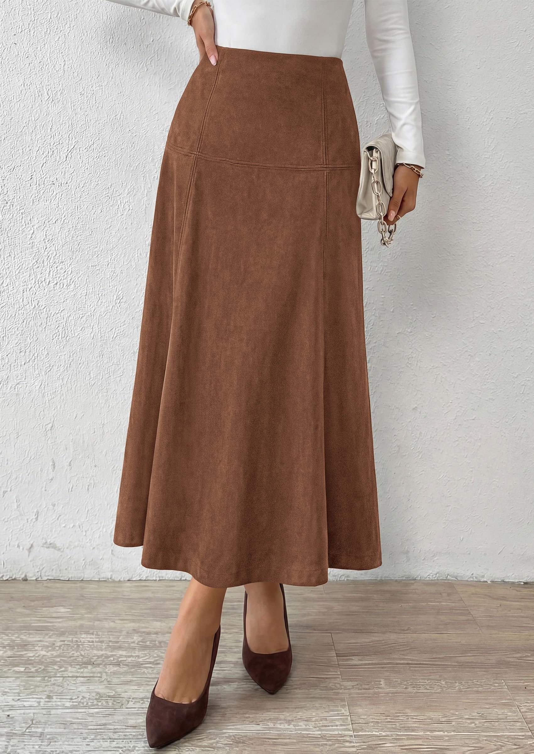 Womens High Waist Faux Suede A Line Midi Skirt,Brown,S