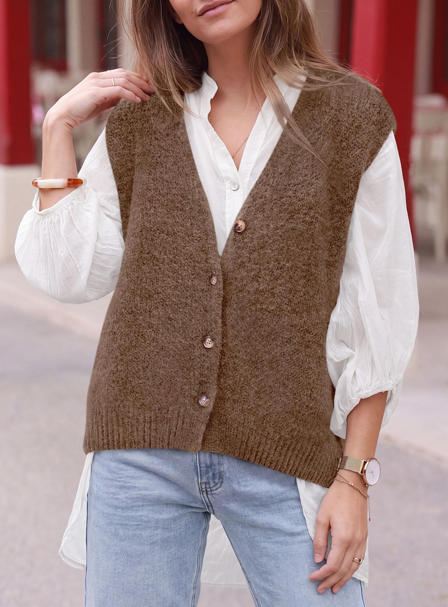 Womens Fall Sleeveless Button Down Sweater Vest,Khaki,S