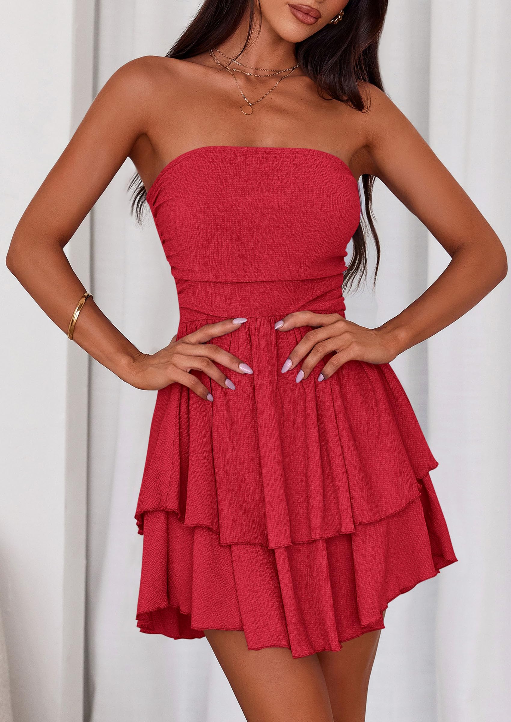 Women's Summer Strapless Flowy Mini Dresses (Red,S)