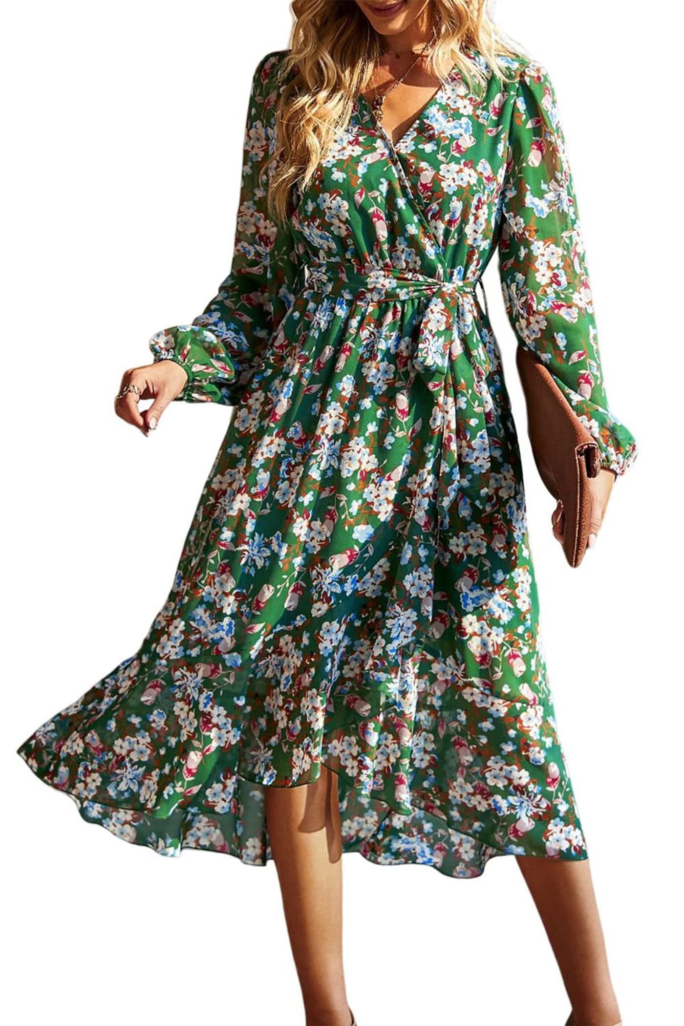 Women's Floral Boho Long Sleeve Maxi Dress, Floral Green,S