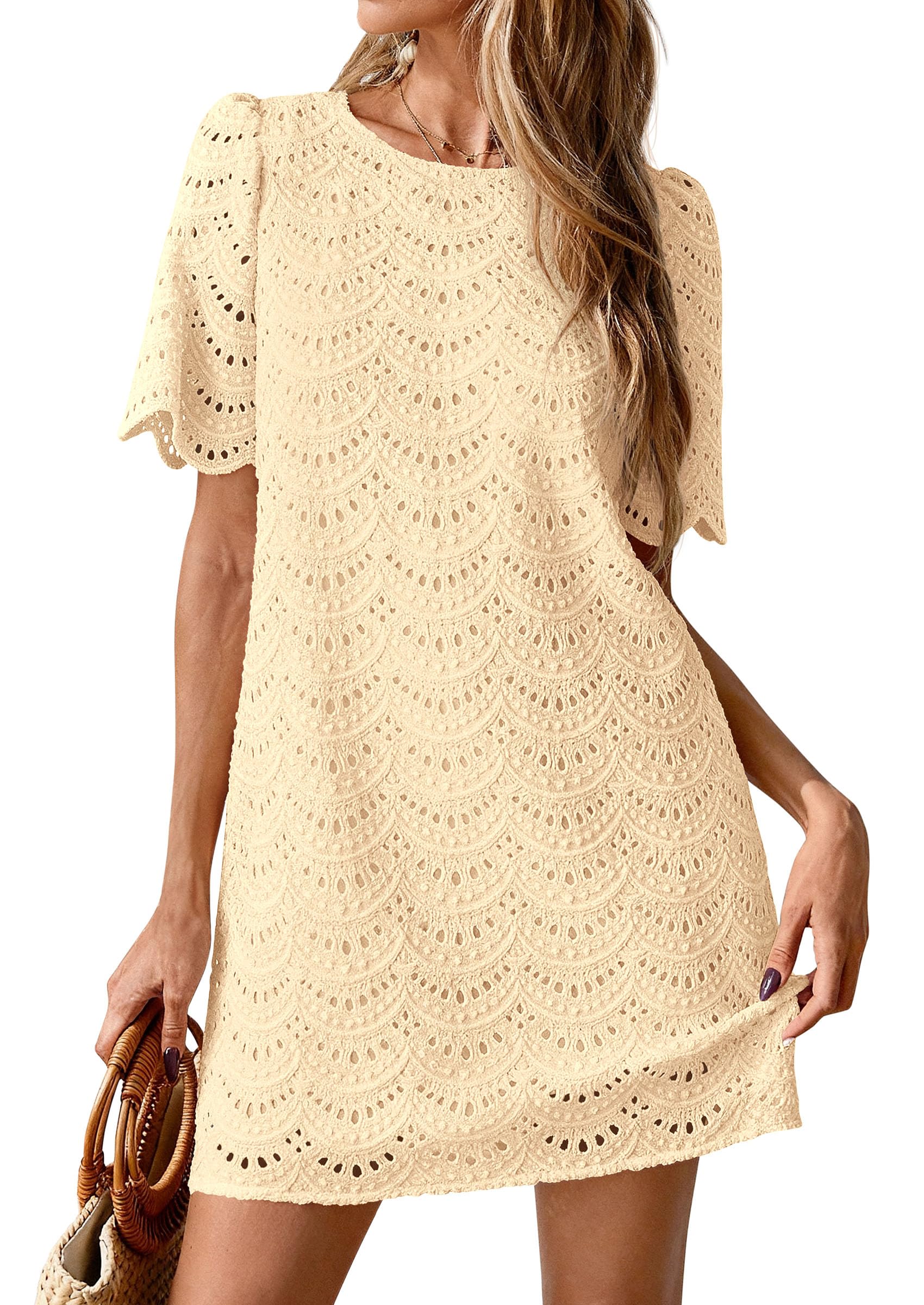 Women's Summer Eyelet Lace Short Dress (Beige,S)