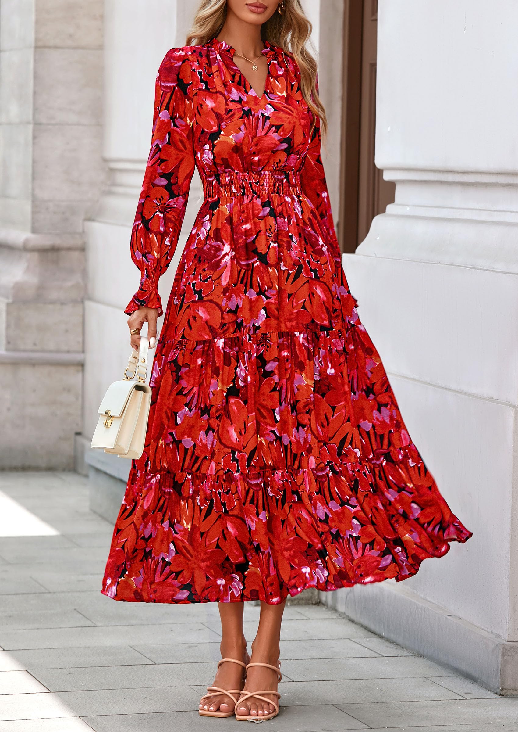 Women's Floral Maxi Dress Fall A Line Wedding Guest Dresses
