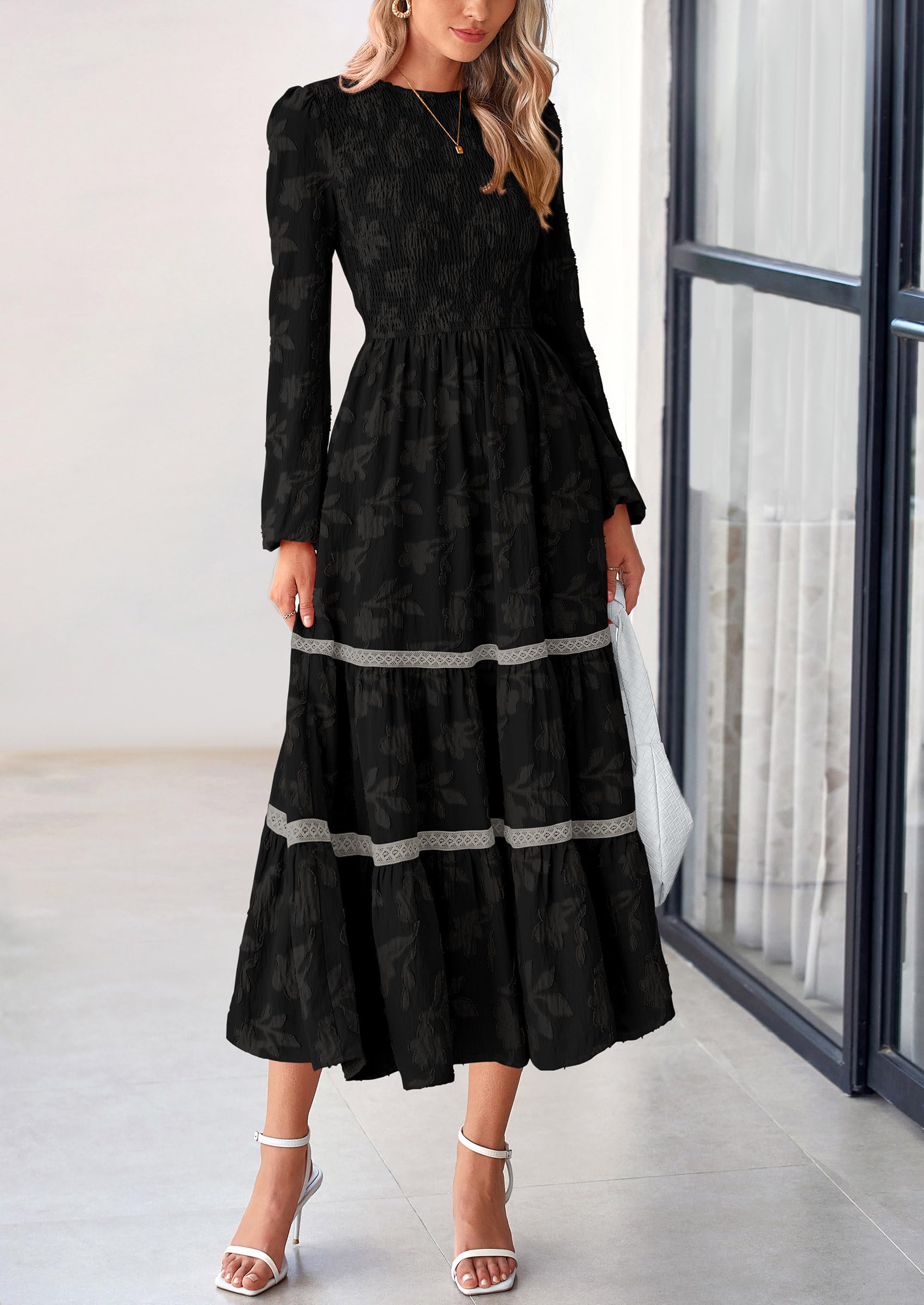 Women's Long Sleeve Boho Floral Midi Dress, Black,S
