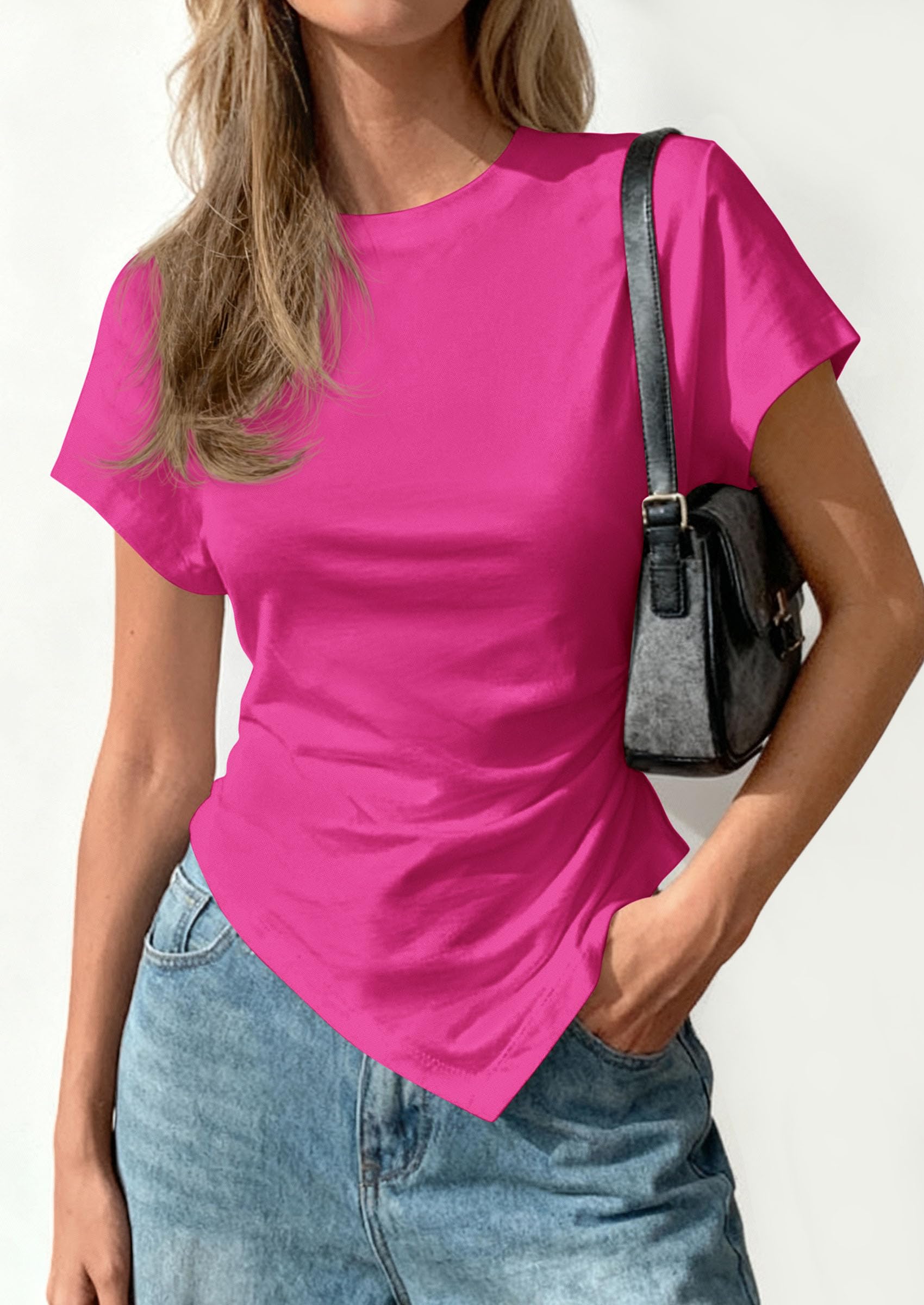 Womens Asymmetrical Summer Short Sleeve Tops,Rose Red,XS