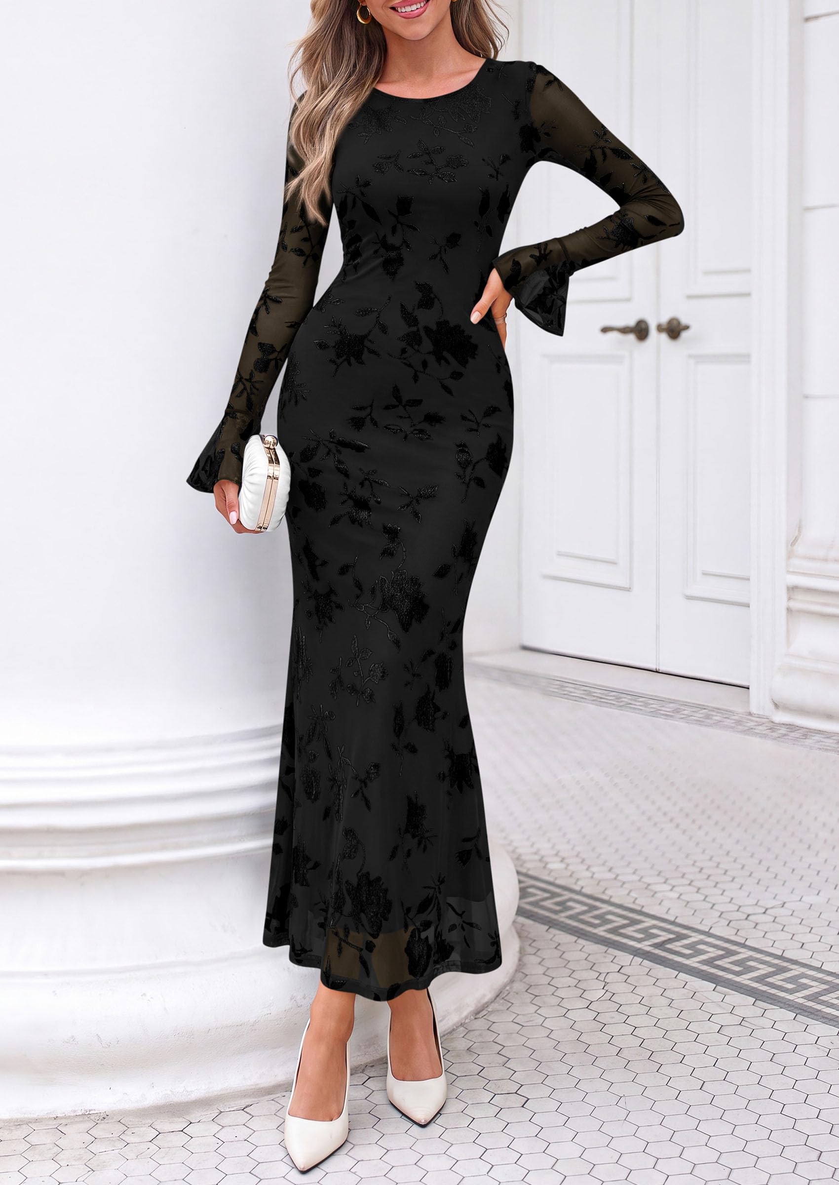 Women's Long Sleeve Maxi Floral Mesh Fall Wedding Guest Dress