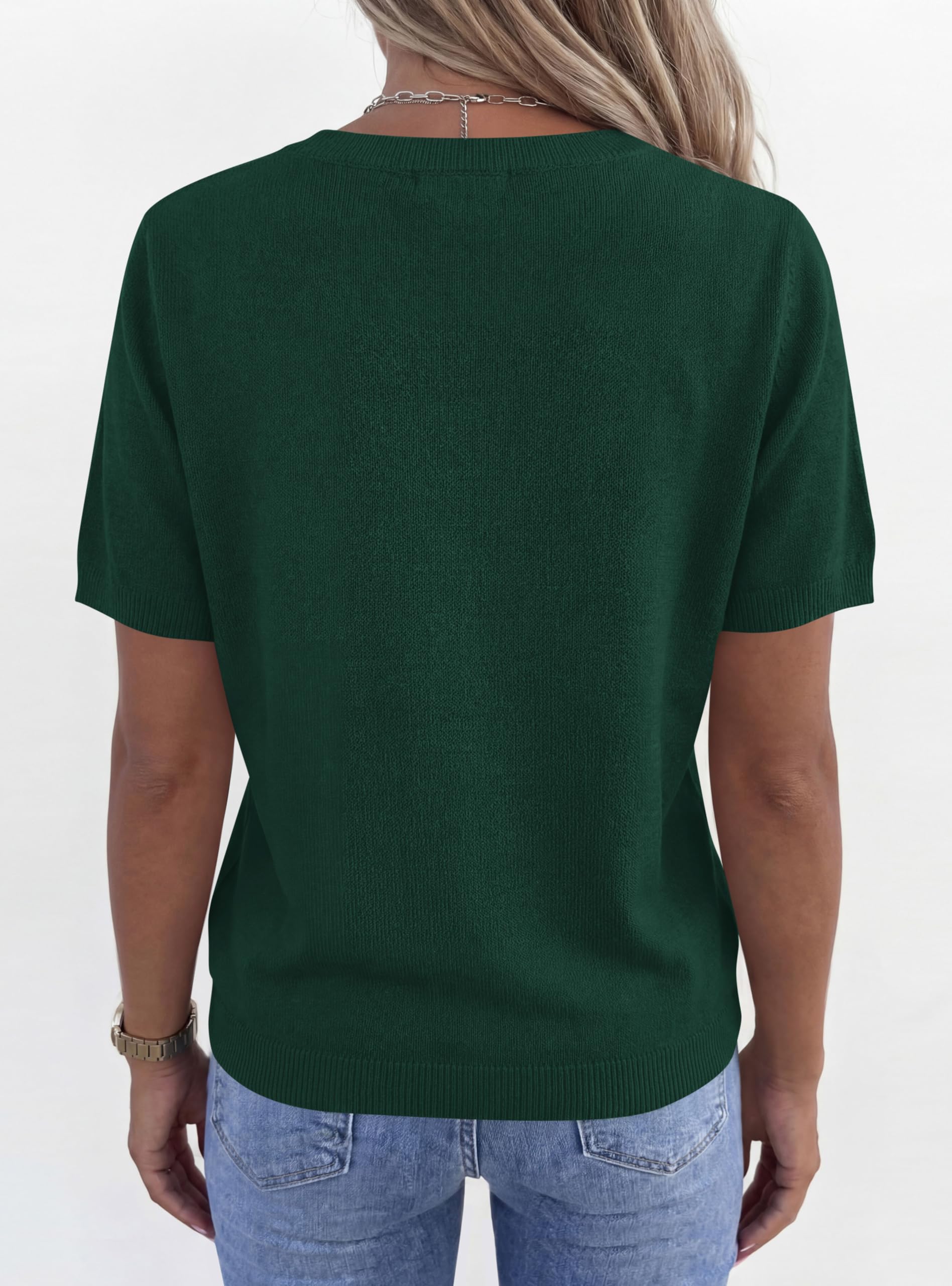 Womens Short Sleeve Sweater V Neck Tops,Dark Green,S