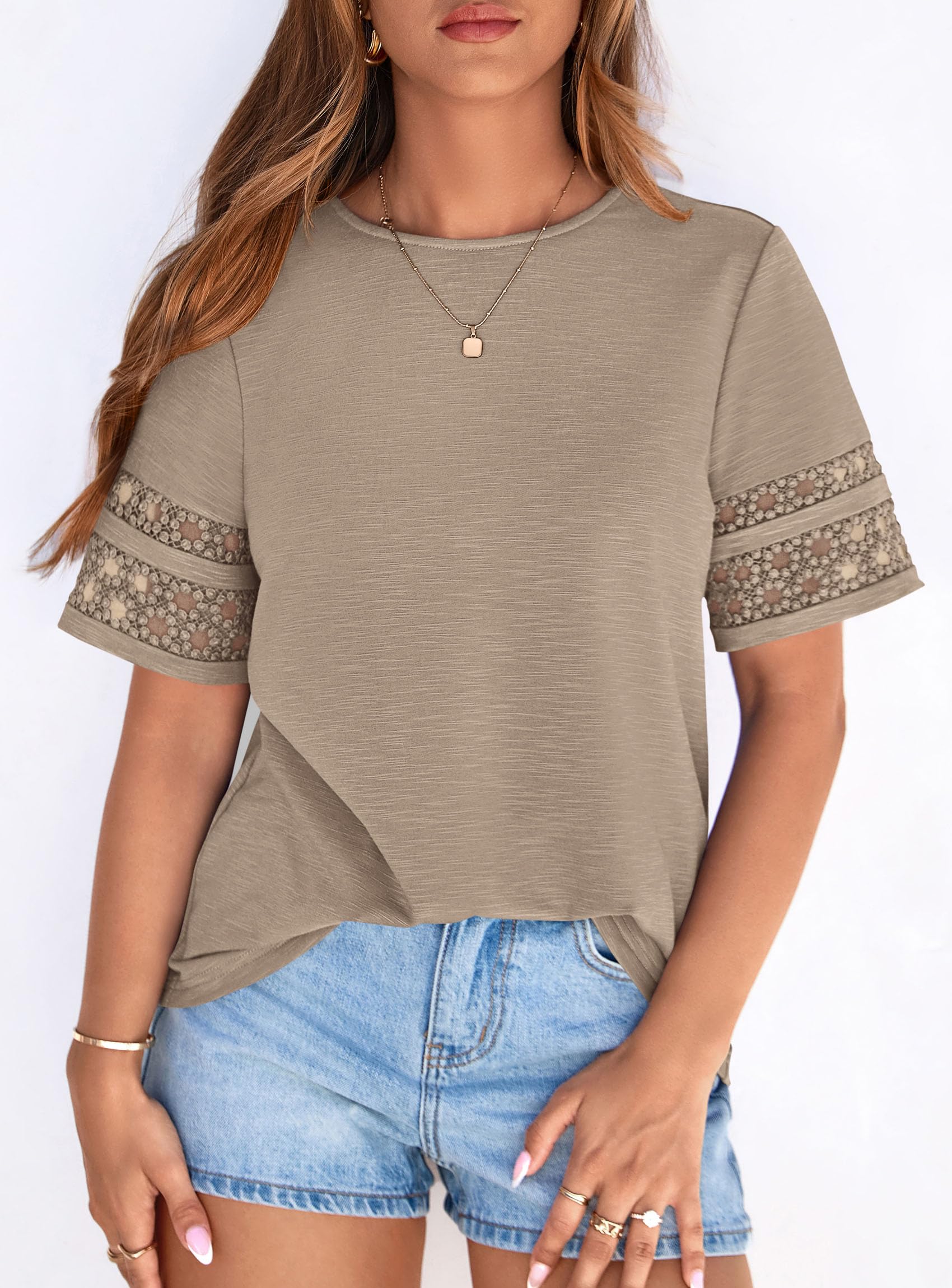 Women's Summer Short Sleeve Lace Trim T-Shirts,Khaki,S