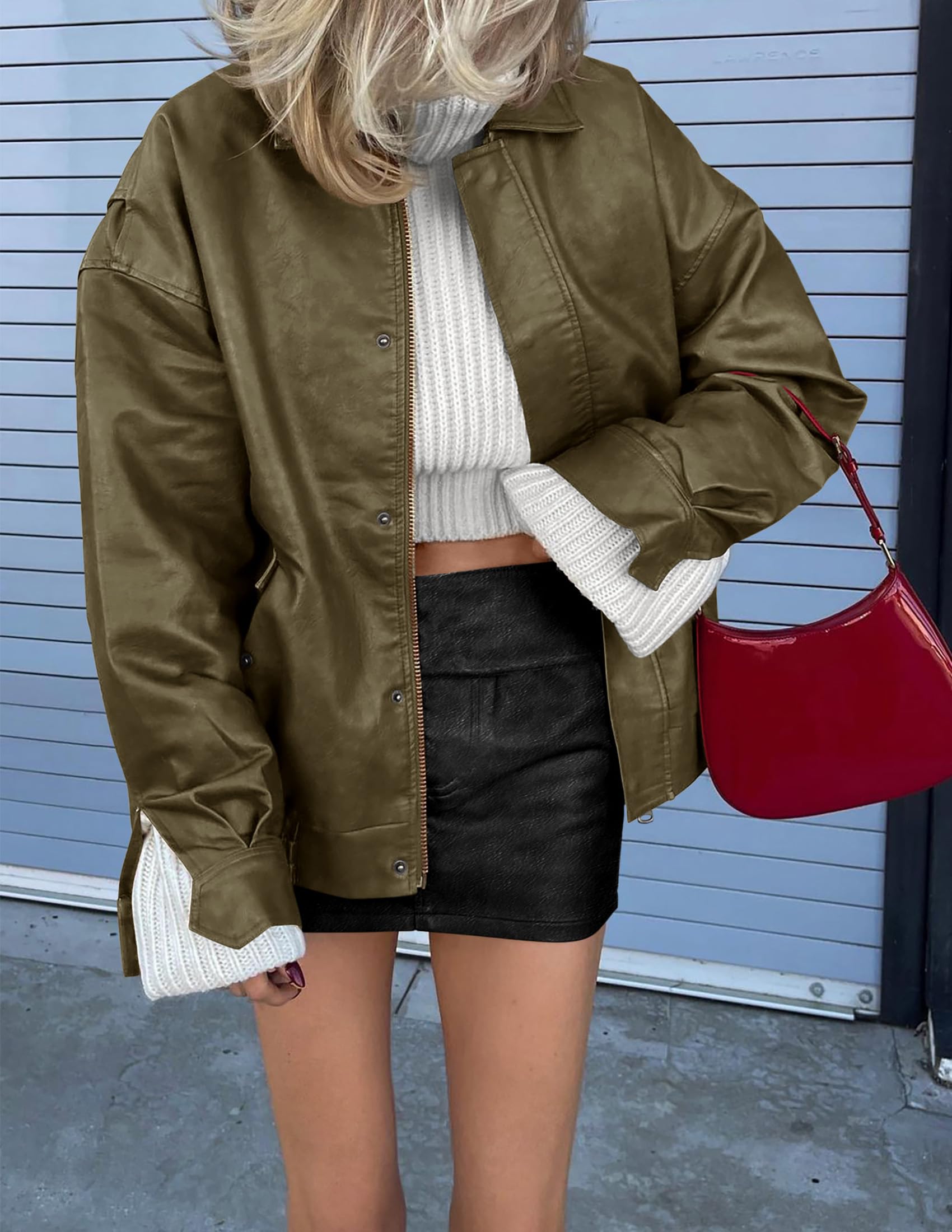 Women's Faux Leather Motorcycle Jackets(Army Green,X-Small)