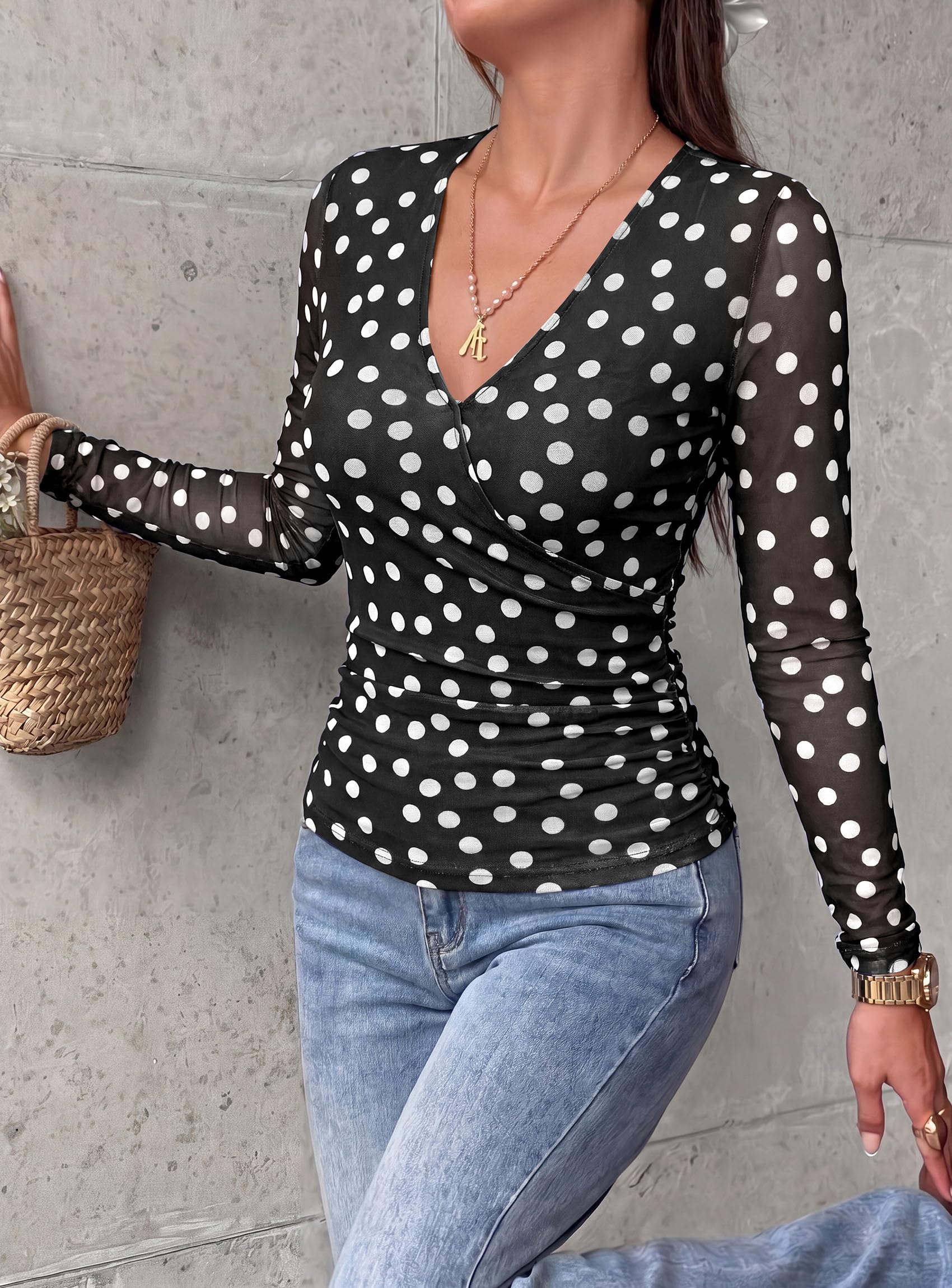 Womens Mesh Wrap Dressy Top Floral V Neck Long Sleeve Shirts