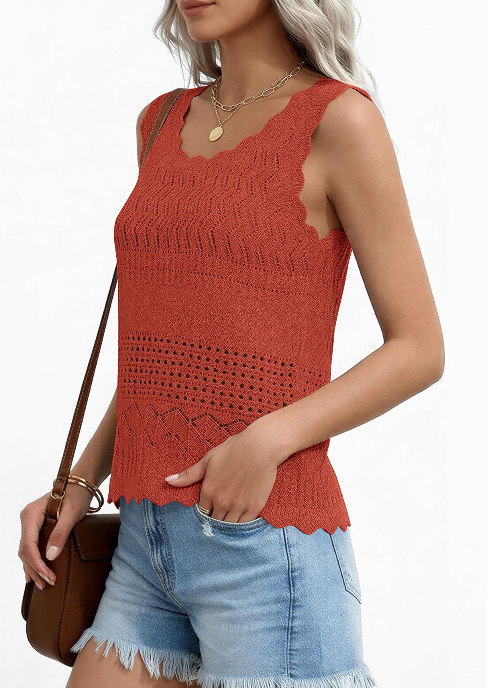 Womens Crochet Tank Tops Knit Sleeveless Vest,Rust Red,S