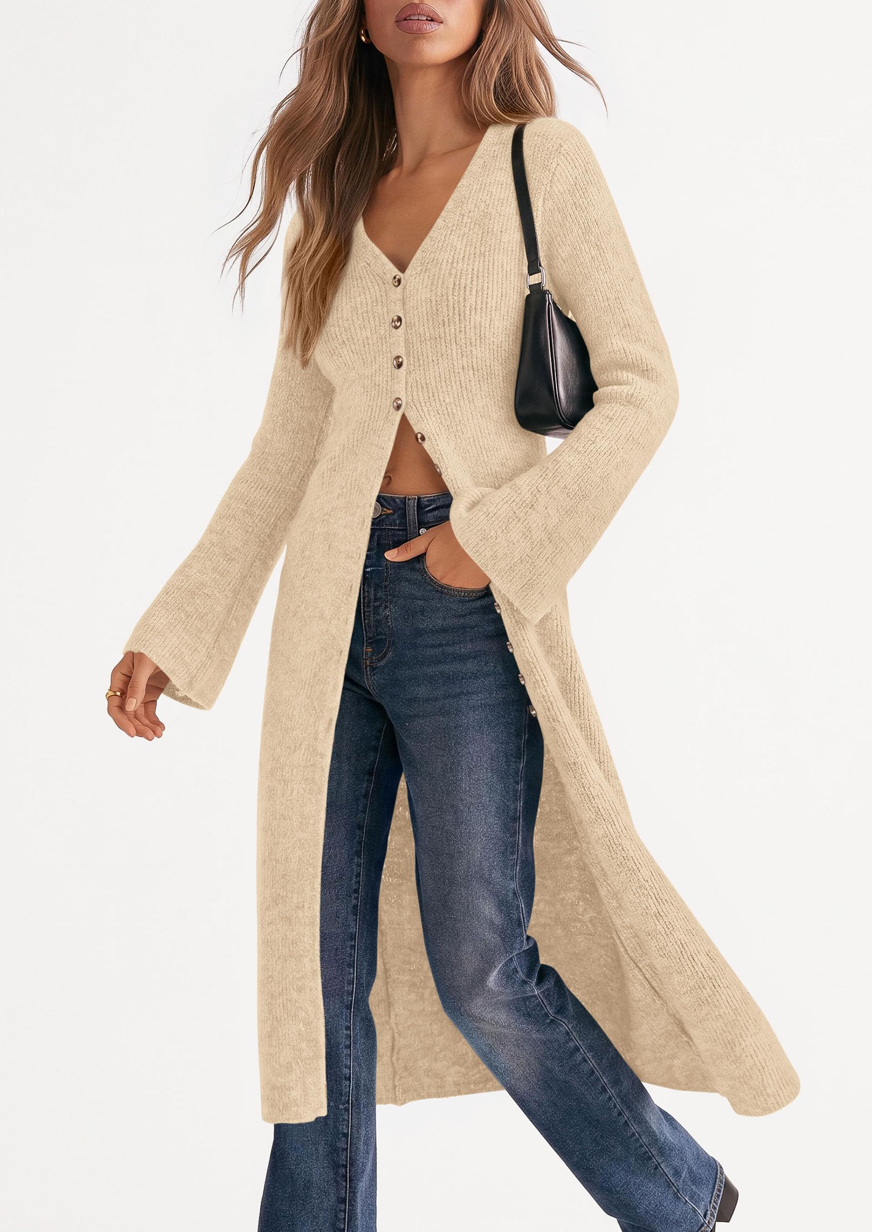 Women Long Cardigan Bell Sleeve Sweater Dress (Beige,S)