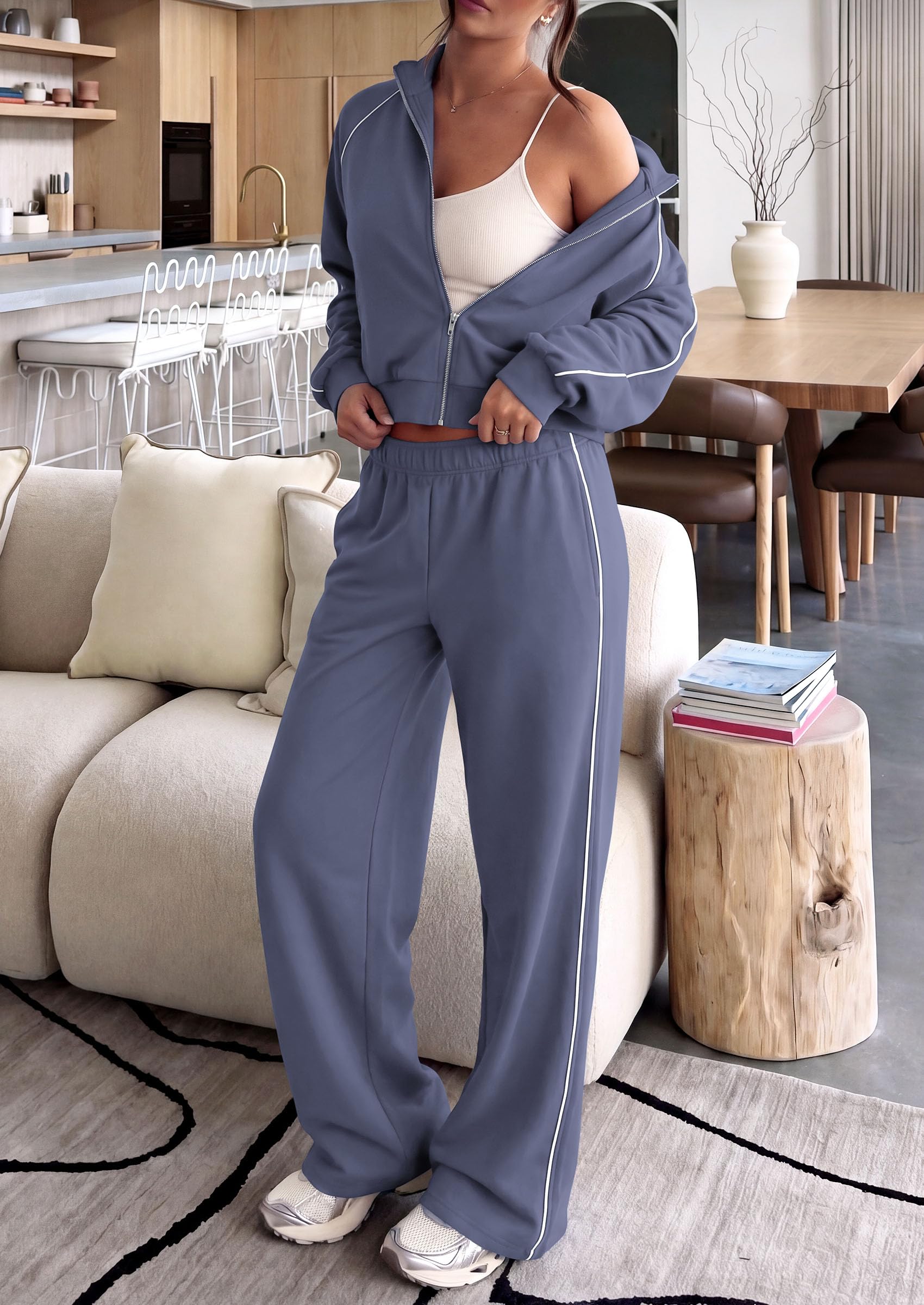 Women's 2 Piece Sweat Set Casual Fall Outfits,Grey Blue,S