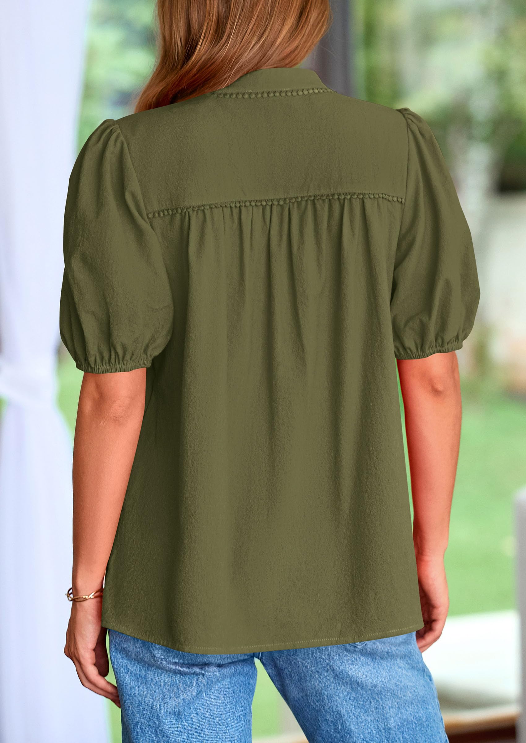 Womens Short Puff Sleeve V Neck Blouses,Army Green,S
