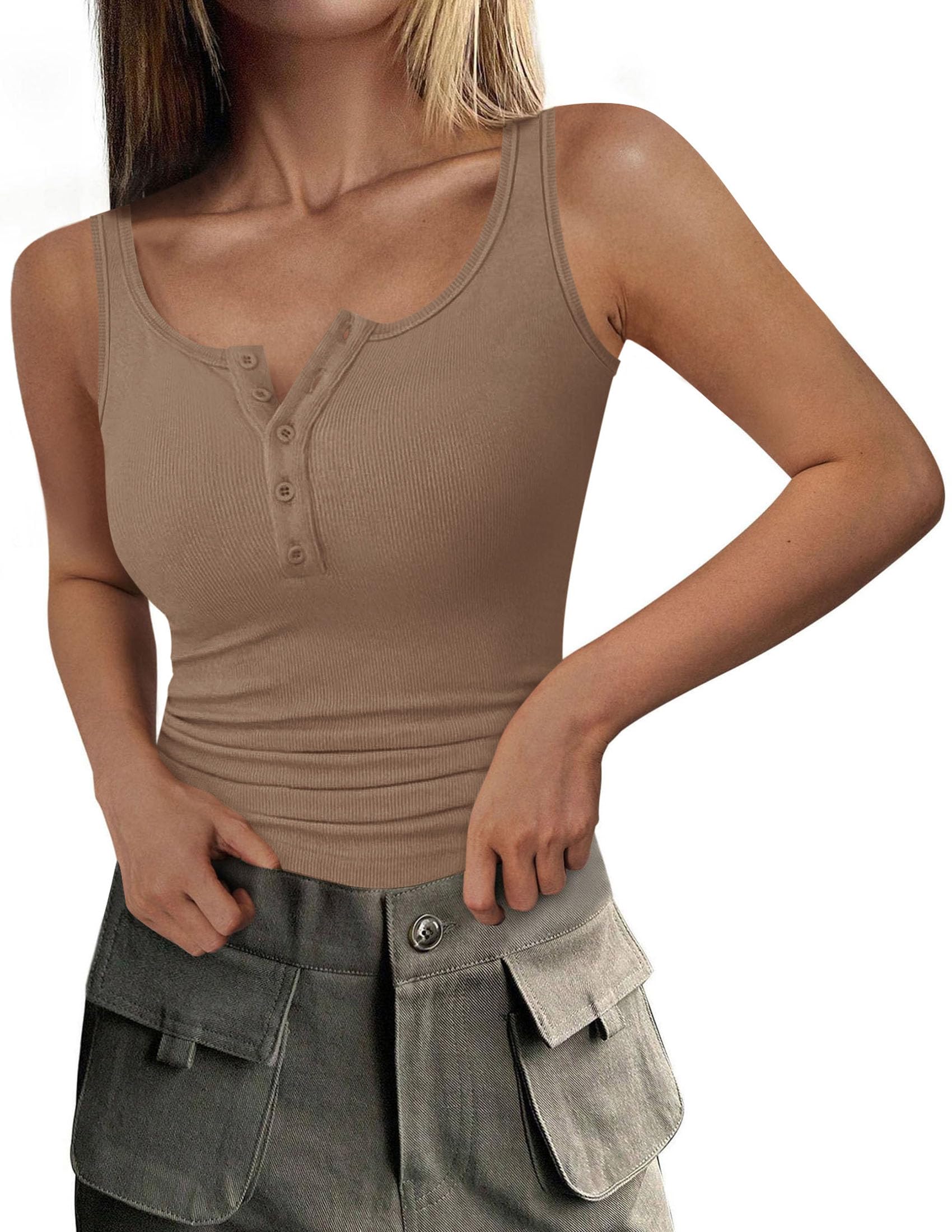 Womens Button Up Sleeveless Henley Tank Tops,Khaki,S