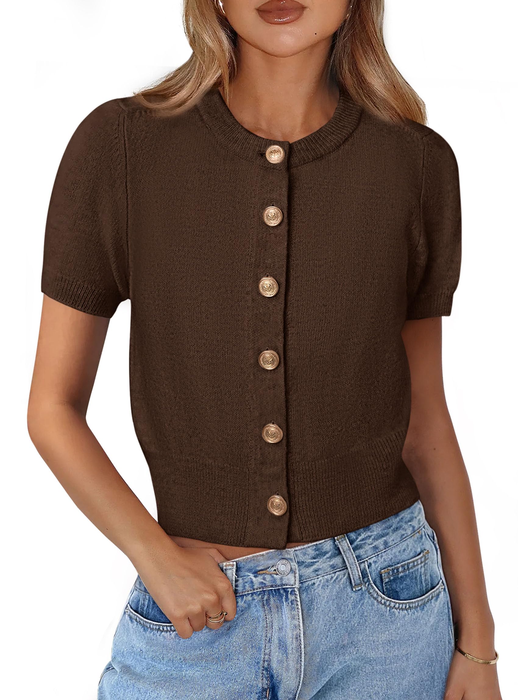 Womens Summer Cardigan Short Sleeve Sweater,Dark Brown,S