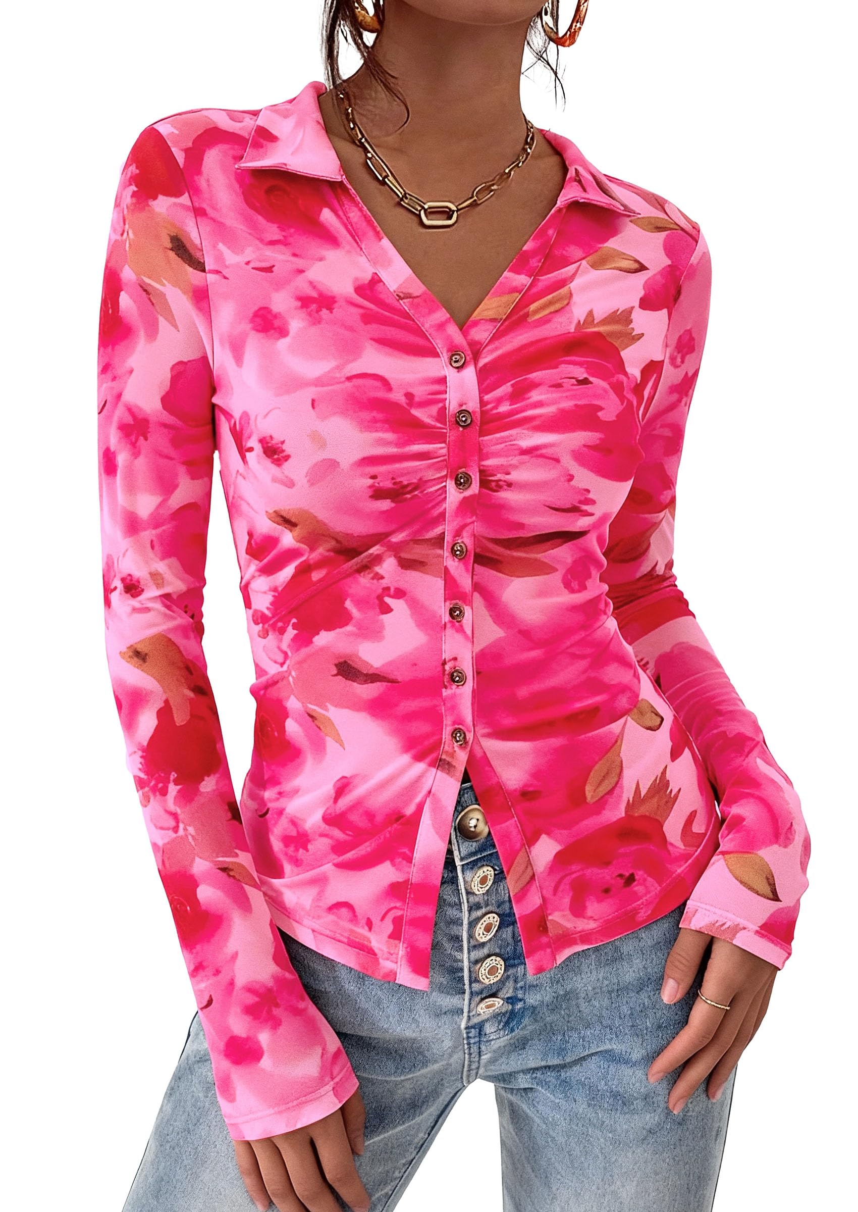 Women's Button Down Shirts Boho Mesh Floral Going Out Tops