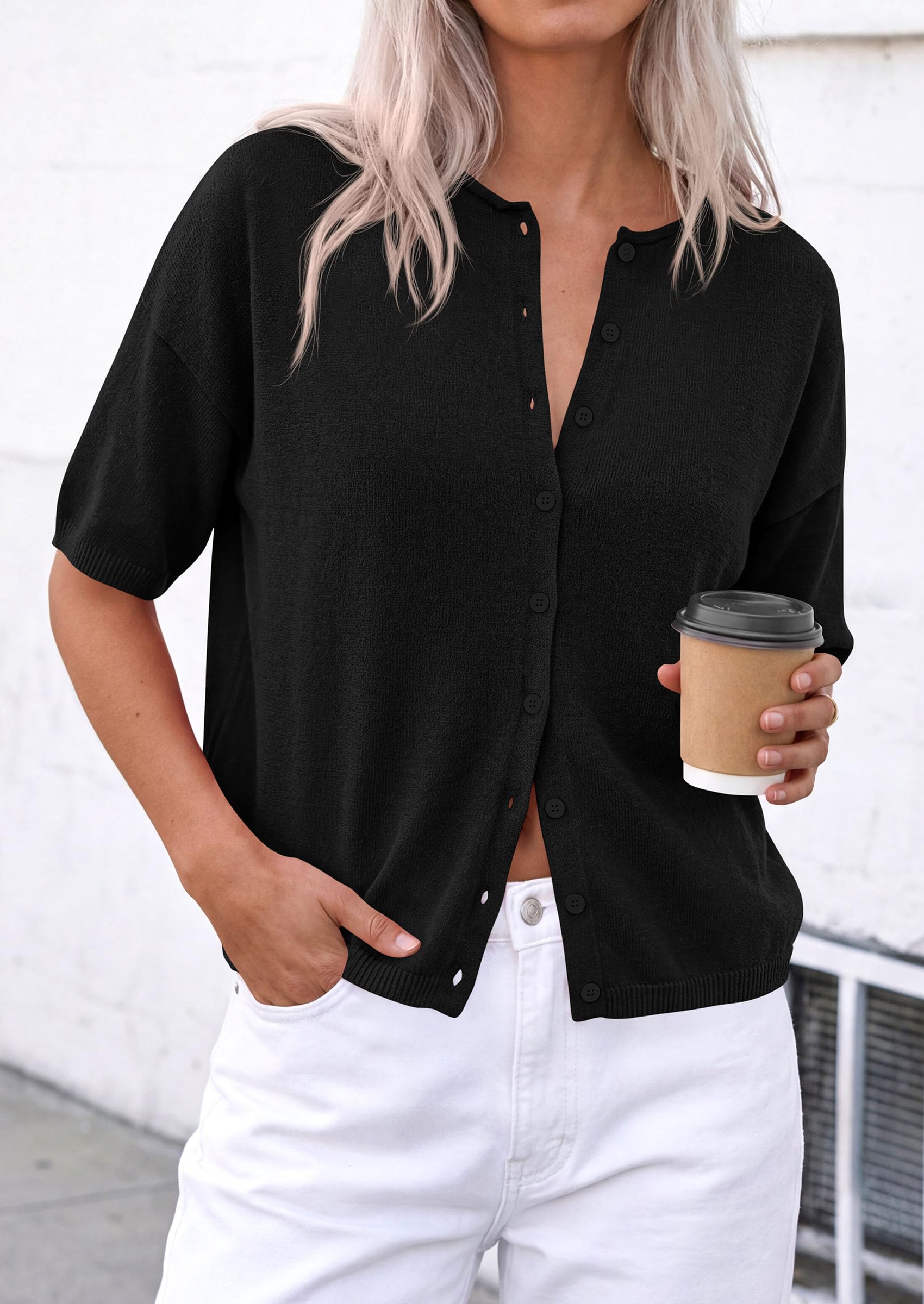 Women's Short Sleeve Cardigan Sweaters (Black,Small)