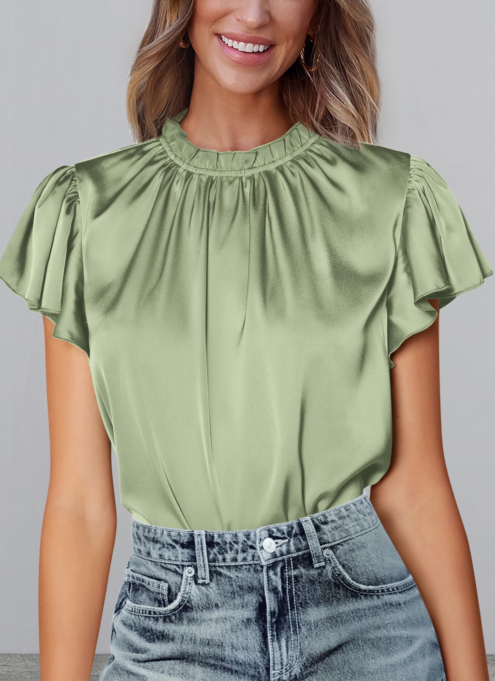 Women's Satin Tops Business Casual Work Blouses, Mint Green,S