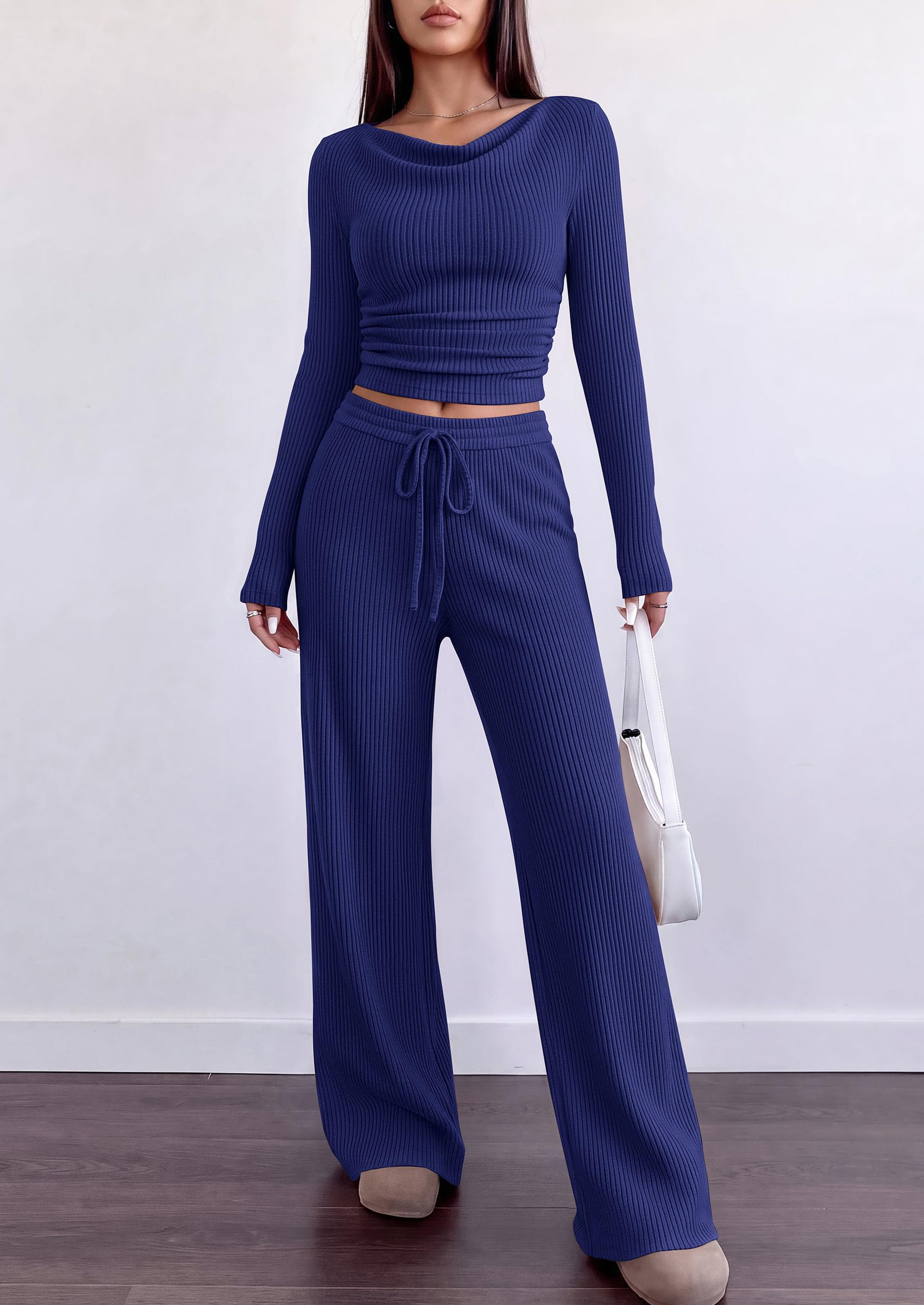 Matching Sets Women Clothing Fall Ribbed 2 Piece Lounge Set