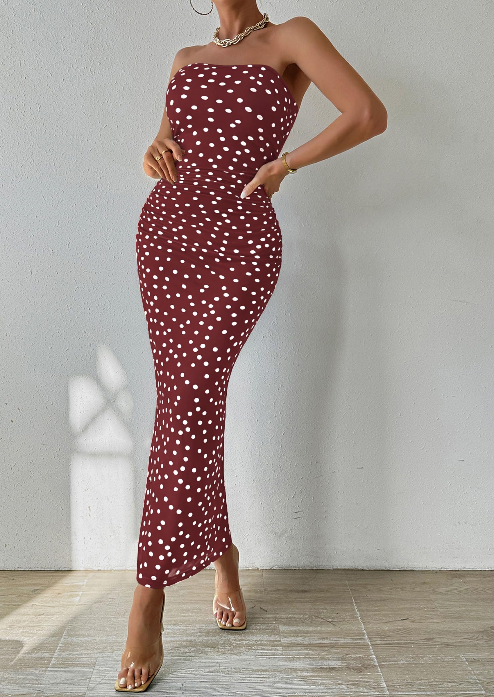Womens Strapless Bodycon Maxi Dress, 01 Dot Burgundy White,S