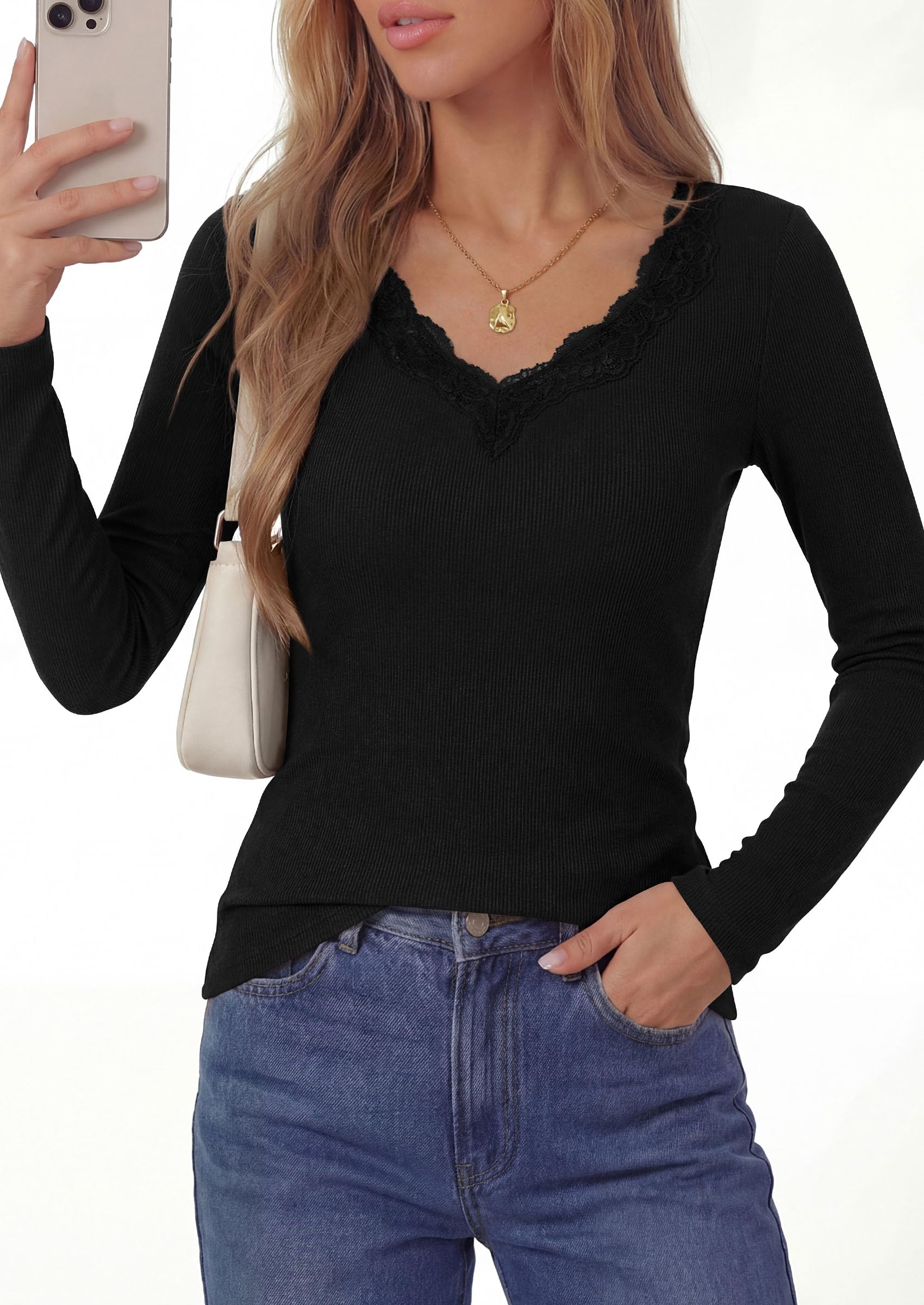 Women's Lace V Neck Long Sleeve Fitted T Shirts,Black,S