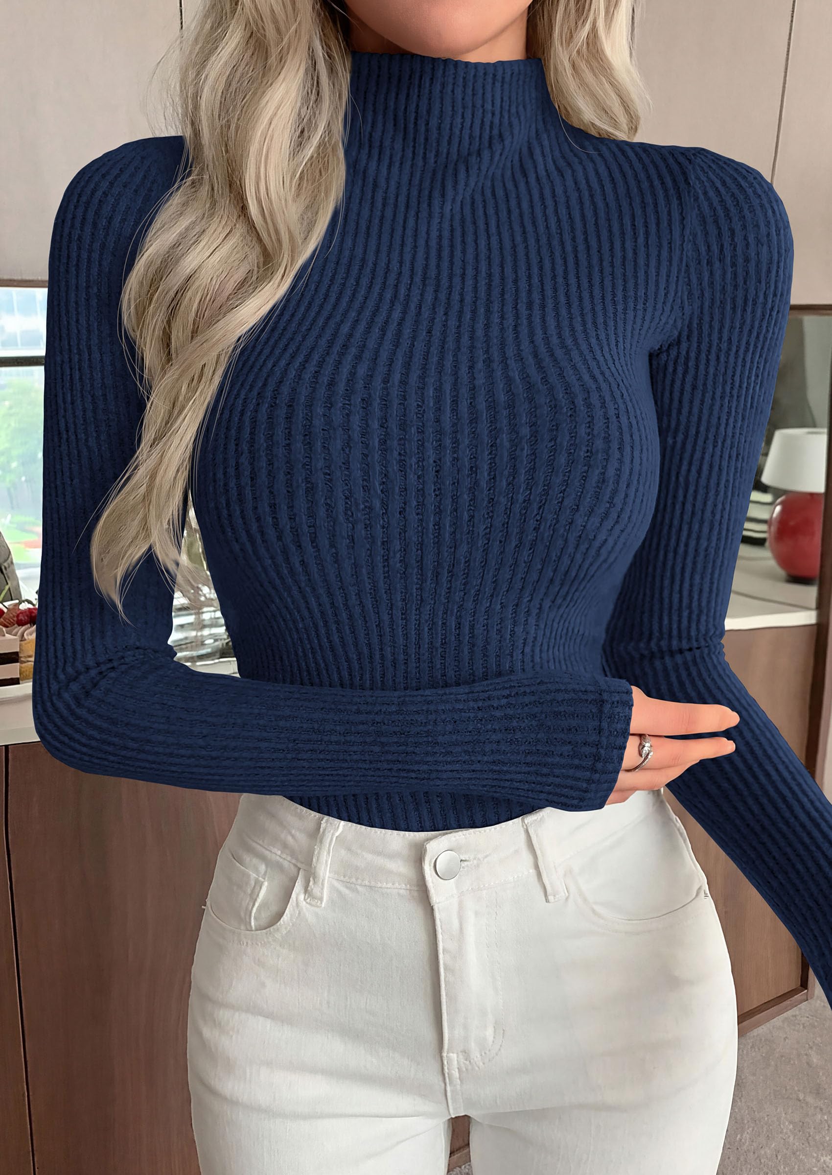 Long Sleeve Shirts for Women Fall Ribbed Mock Turtleneck Tops