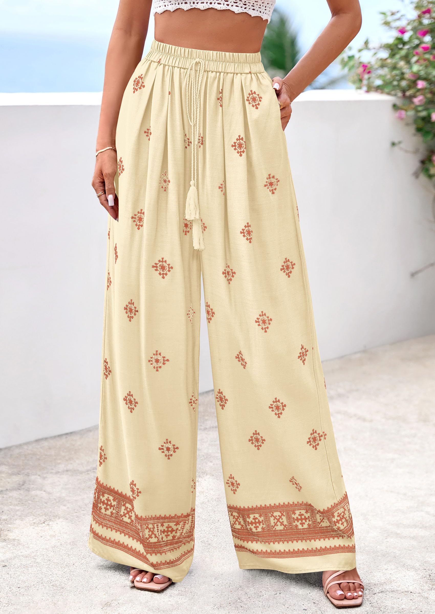 Wide Leg Flowy Boho Pants for Women, Light Yellow Brick Red,S