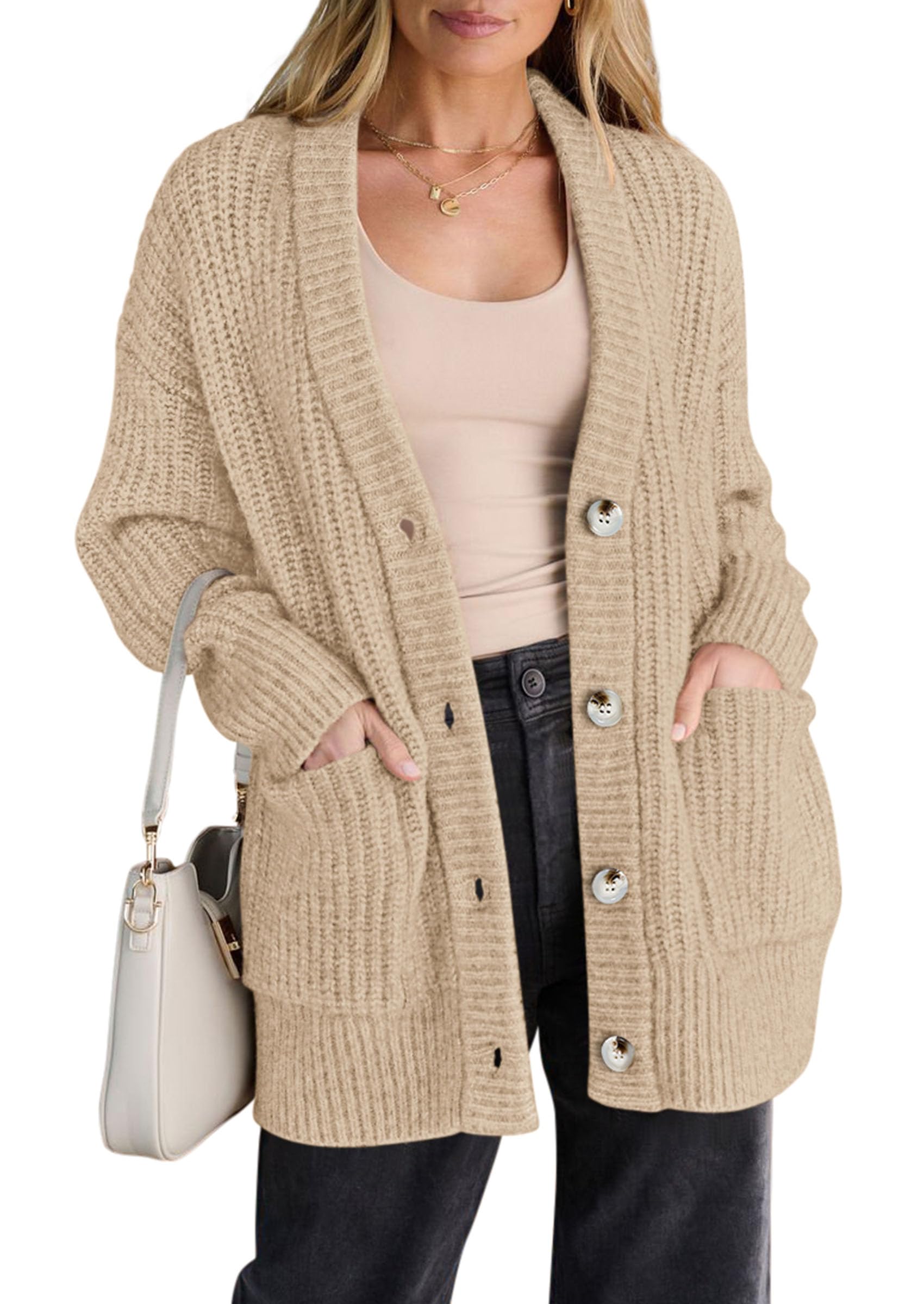 Oversized Cardigan Sweaters for Women Button Up,Khaki,S