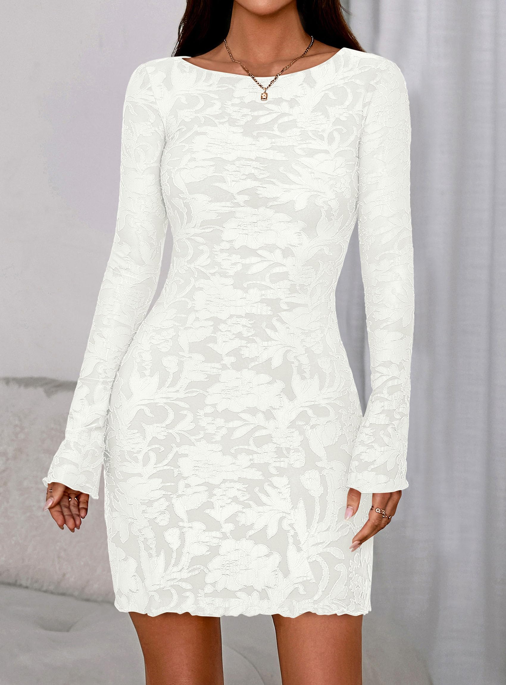 Women's Fall Floral Long Sleeve Mini Dress (Floral White,XS)