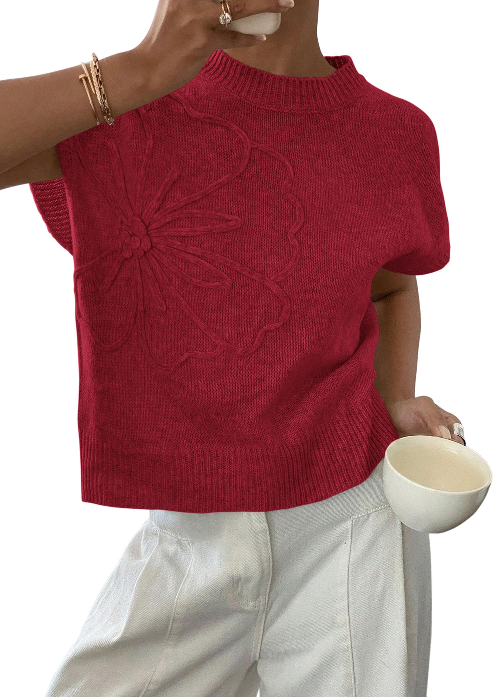Women's Summer Short Cap Sleeve Sweater Vest (Red,S)