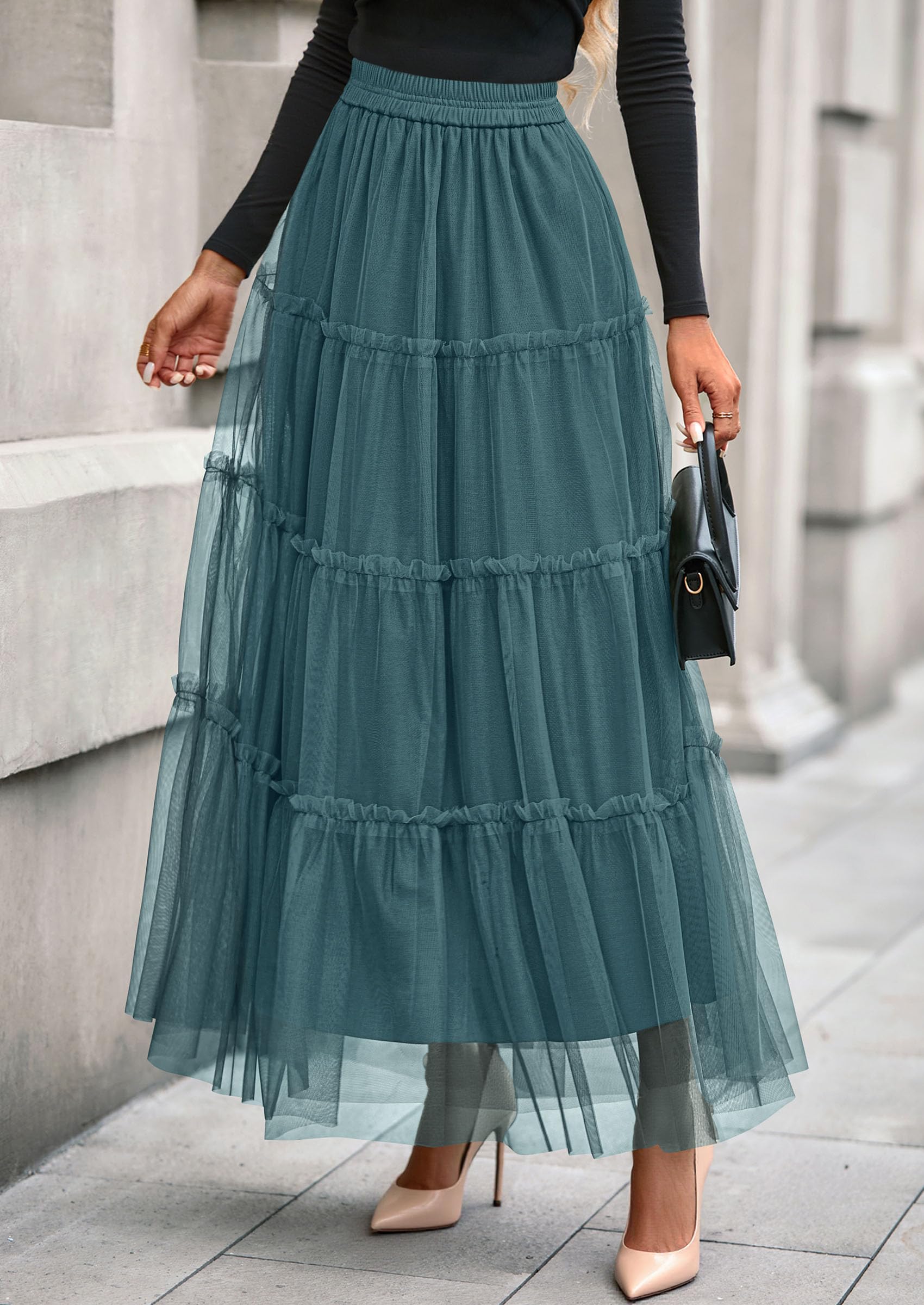 Women's Fall Soft Tulle Tiered Long Skirt,Sage Green,M