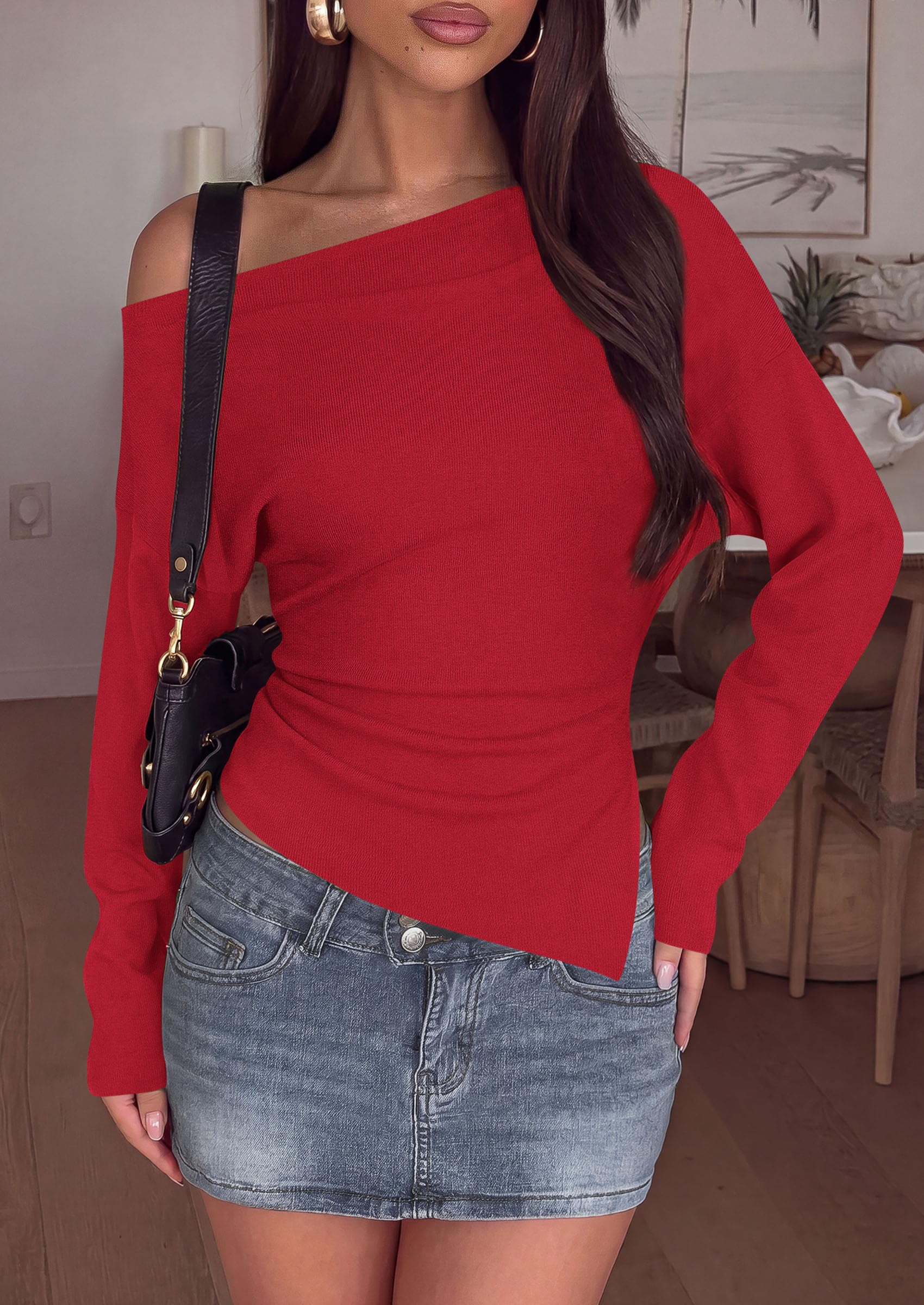 Womens Fall Long Sleeve Off Shoulder Sweater,Red,S