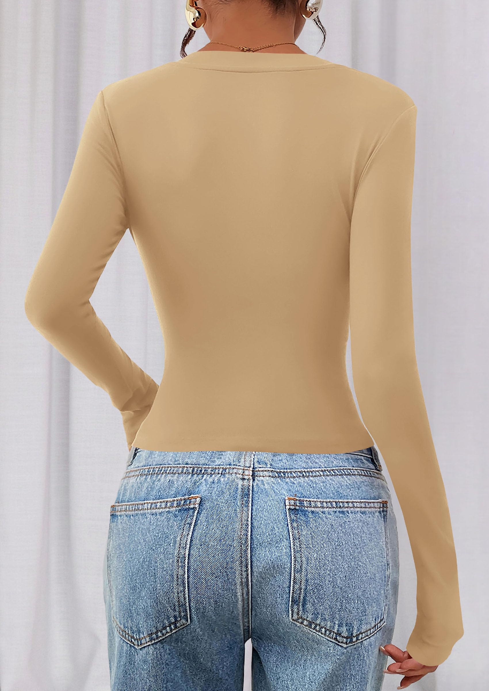 Womens Long Sleeve Slim Fit Crop Tops,Khaki,XS