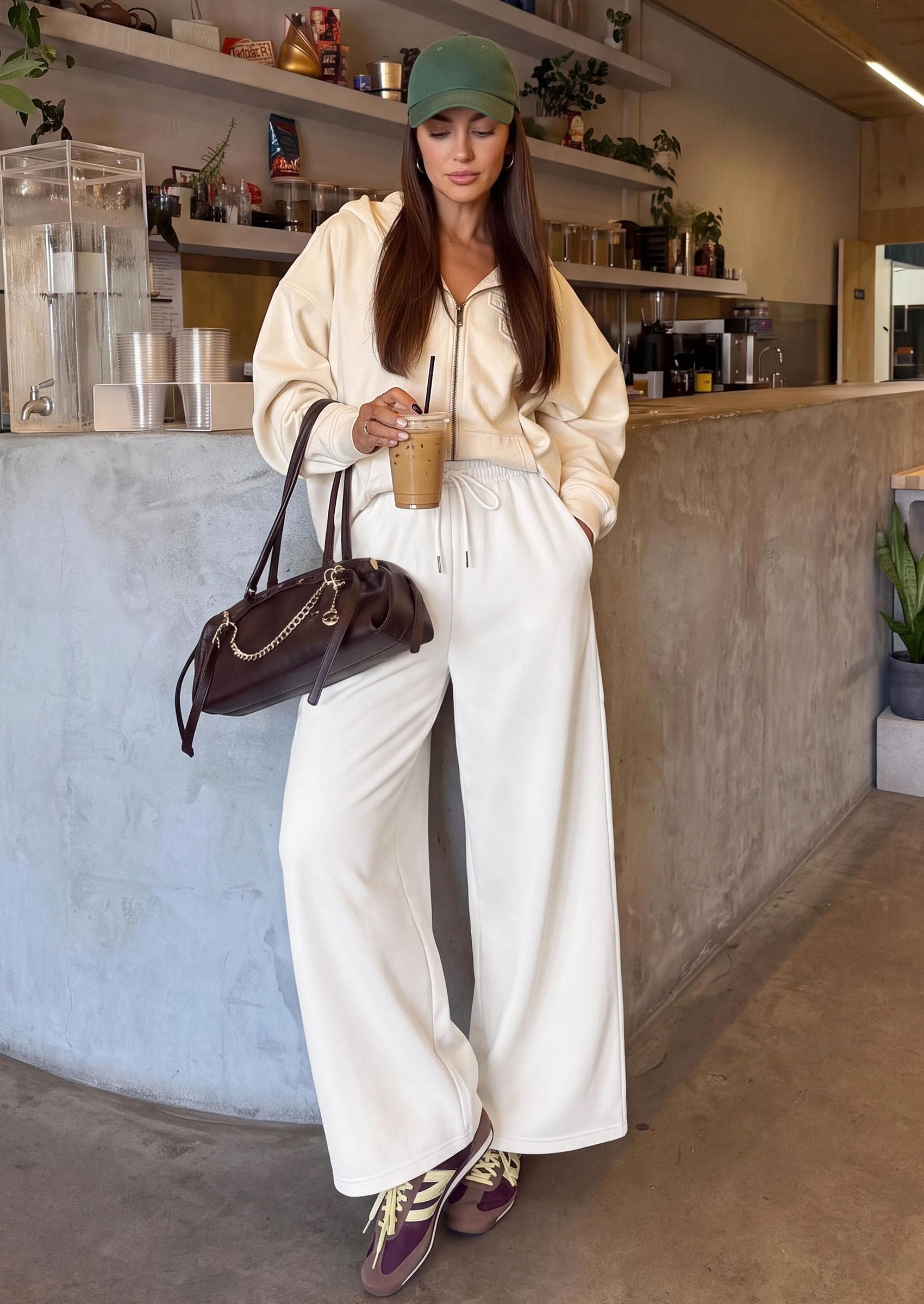 Womens Wide Leg Sweatpants Fleece Fall Sweat Pants,White