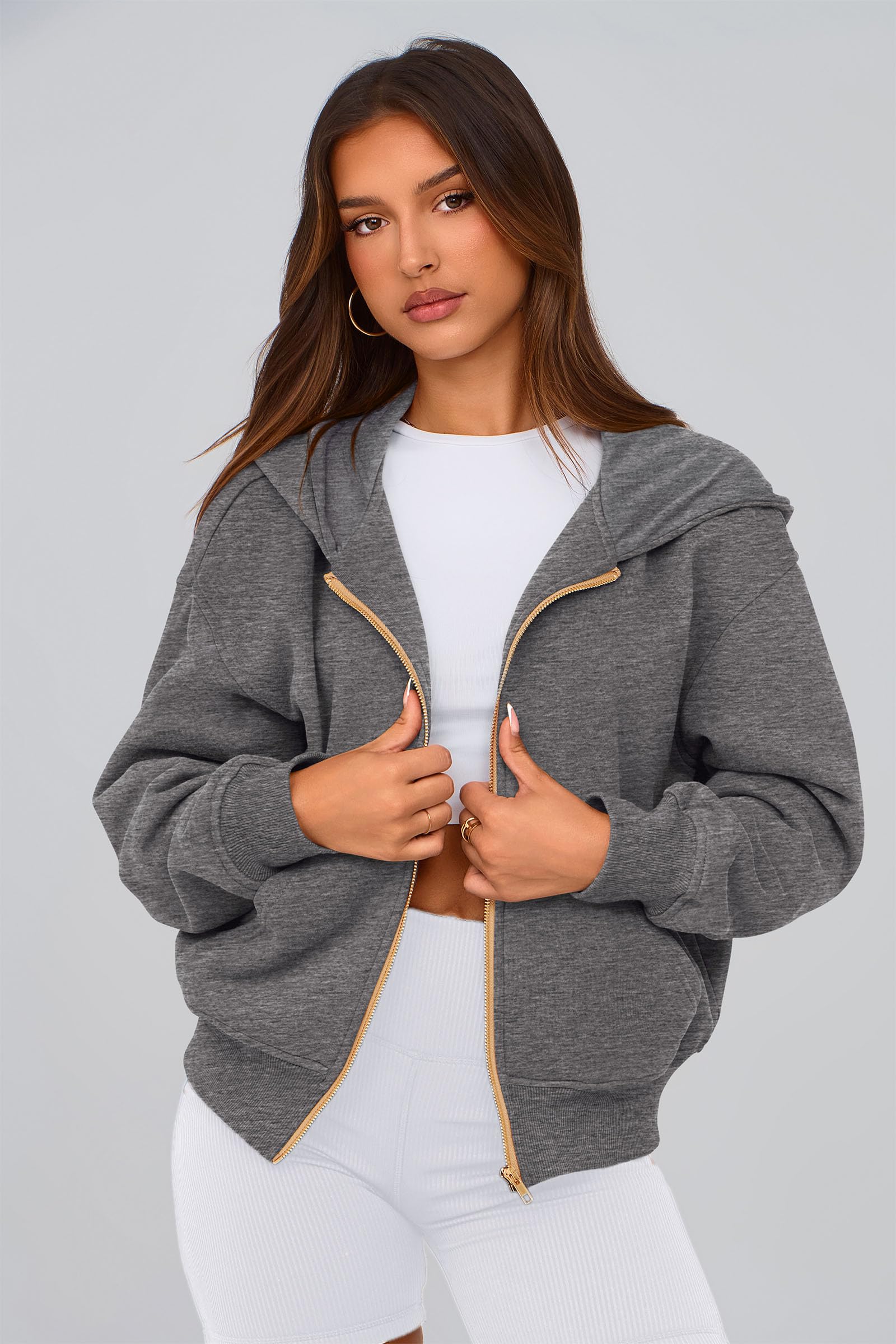Hoodies for Women Fall Fashion Zip Up Fleece Plain Sweatshirt
