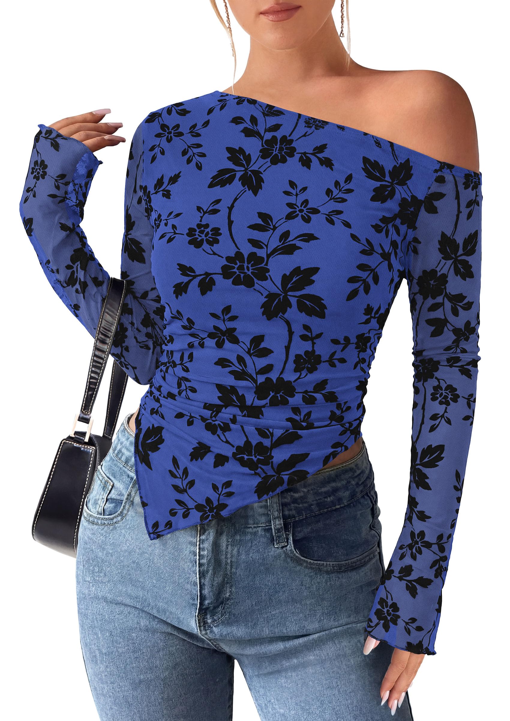 Womens Off Shoulder Mesh Y2k Tops,Royal Blue,XS