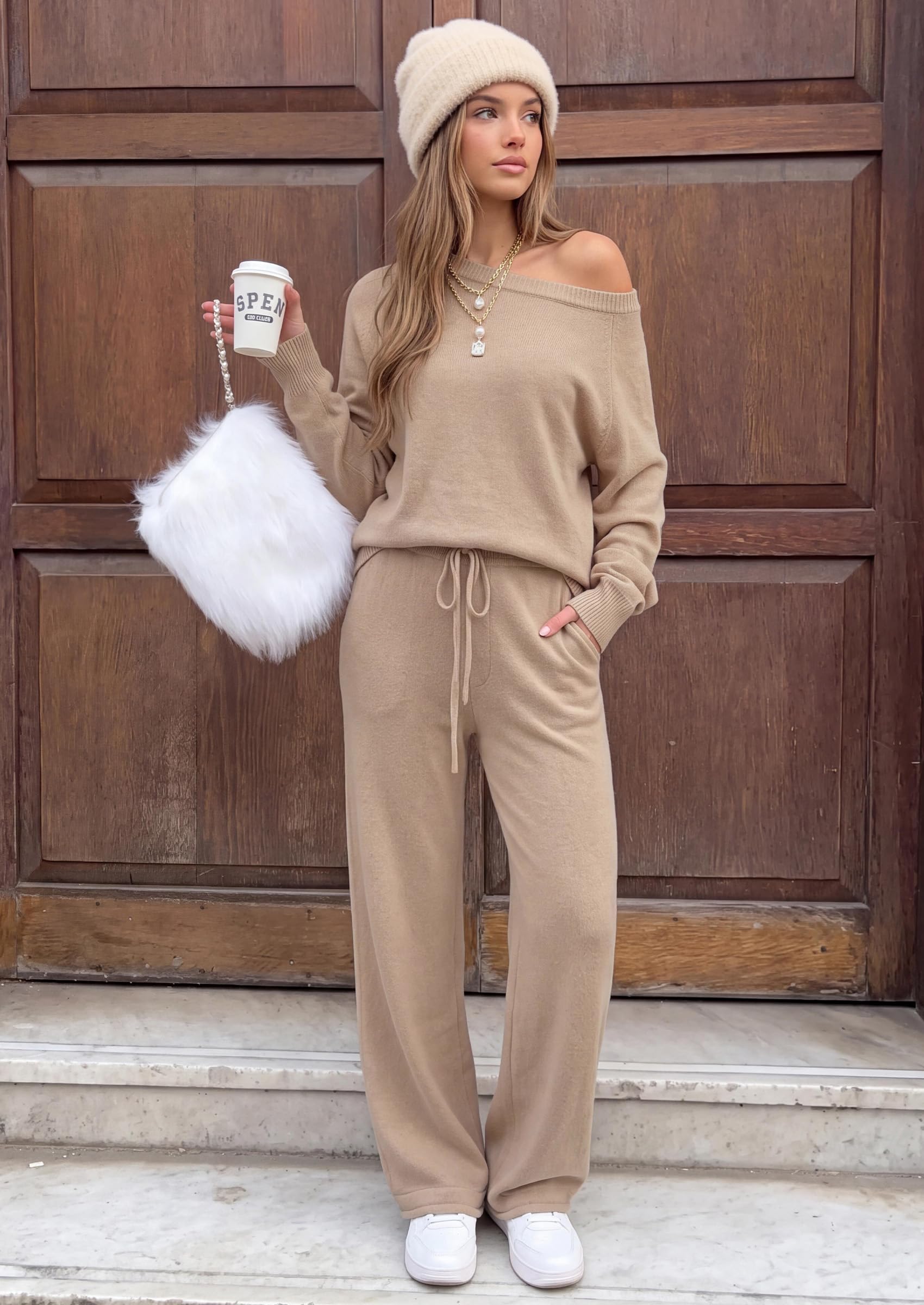 Lounge Sets Womens Sweaters Two Piece Outfits (Khaki,S)