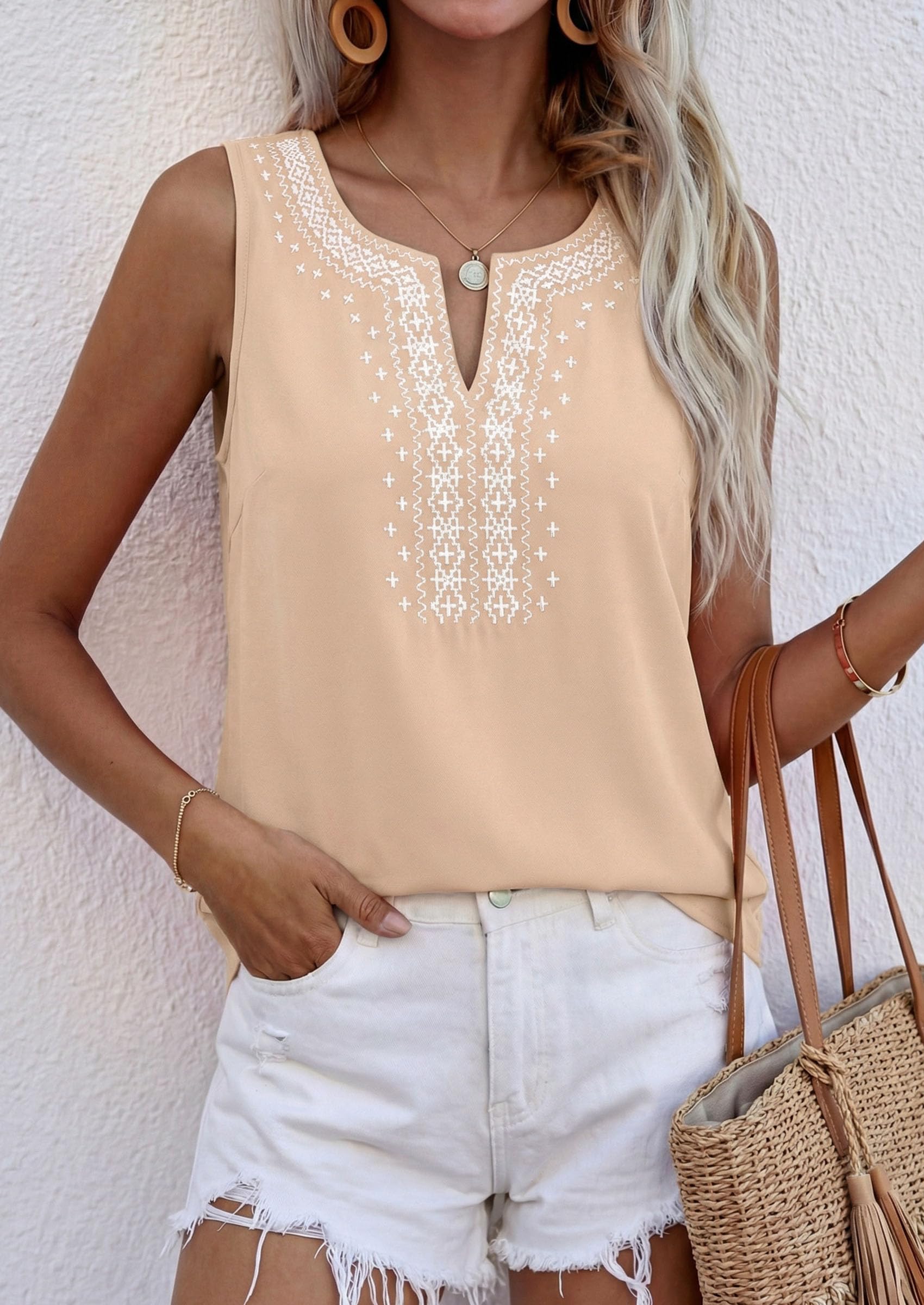 Womens Embroidered Sleeveless Tank Tops Beige,L